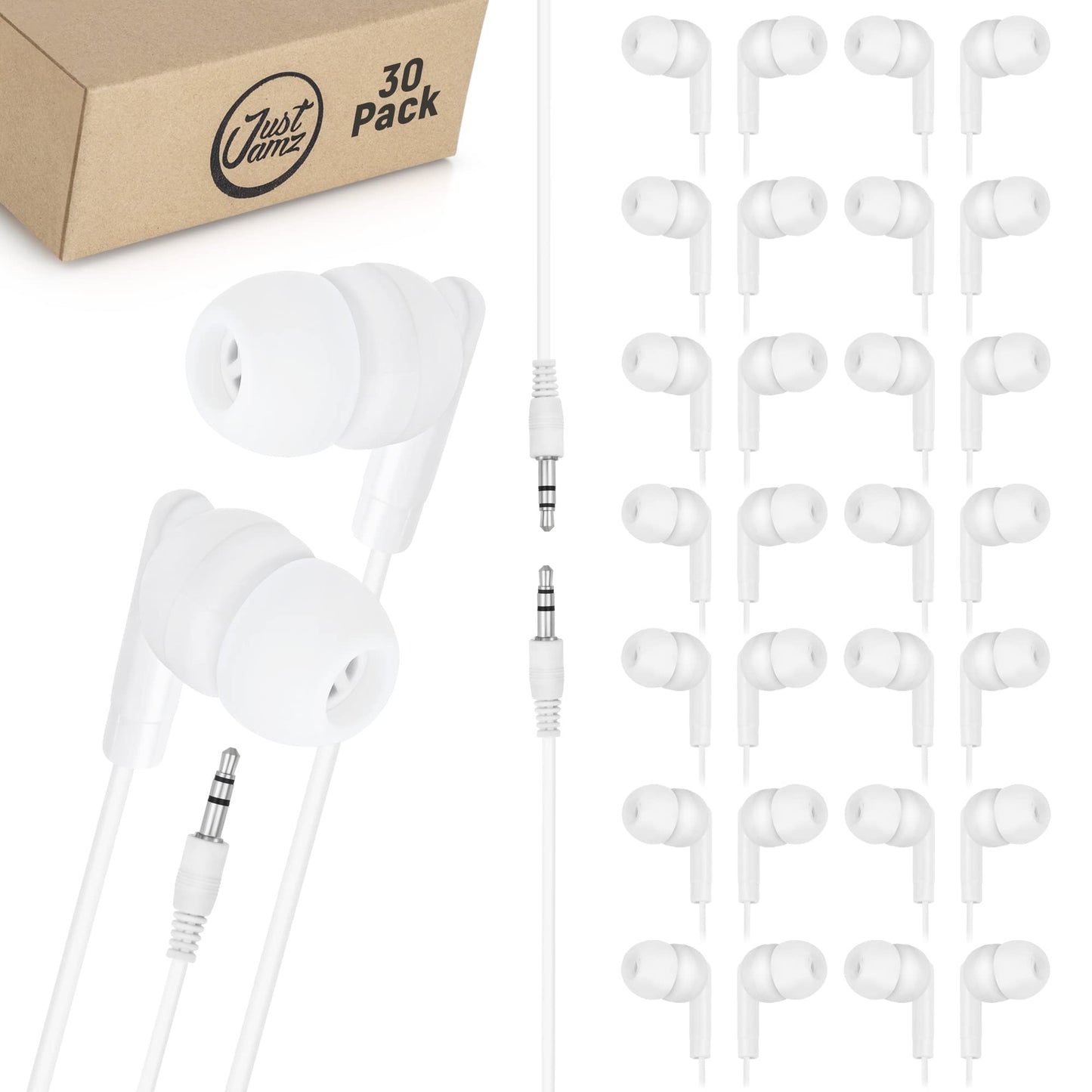 JustJamz Pearl White Bulk Earbuds 30 Pack - Wired Earphones 3.5mm Jack | Disposable Headphones for Classroom, Kids, Home & Family | Ear Buds Bulk