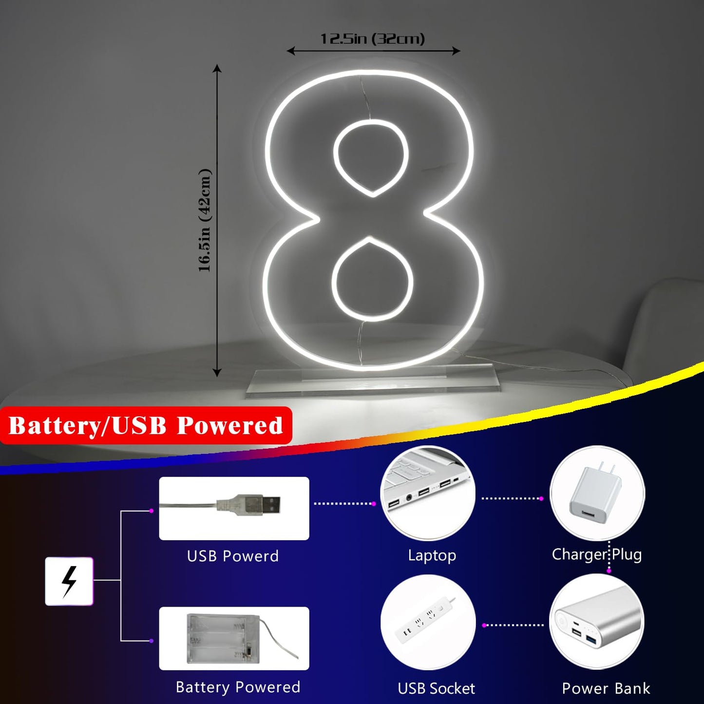 LIYUNEON Number 8 Neon Sign for Birthday, 1.38ft Cool White USB Battery Powered Led Neon Sign for Party Wedding Anniversary Decor Light Sign (Number