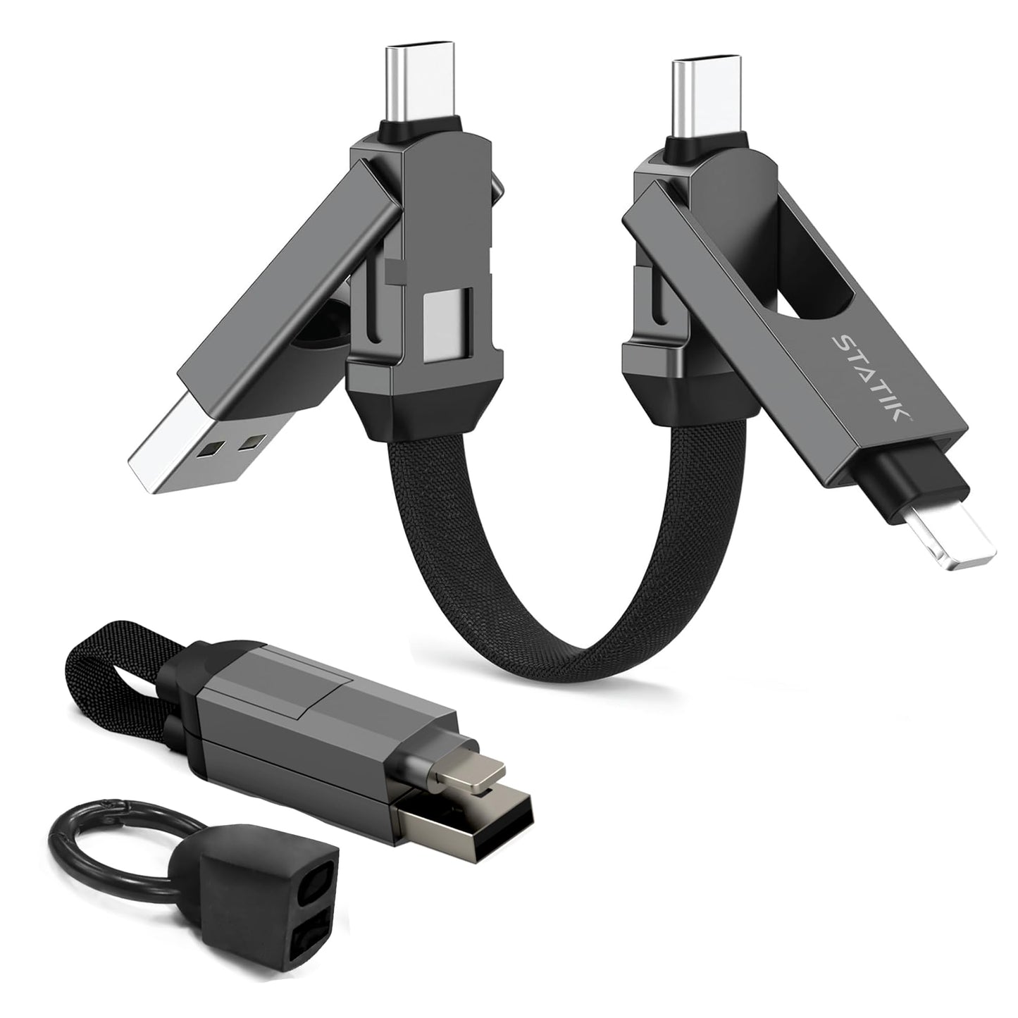 Statik HexCharge Keychain Charger Cable - Portable 4 in 1 Charging Cable Key Ring, 60W Fast Charging, Universal Multi Charging, Compatible