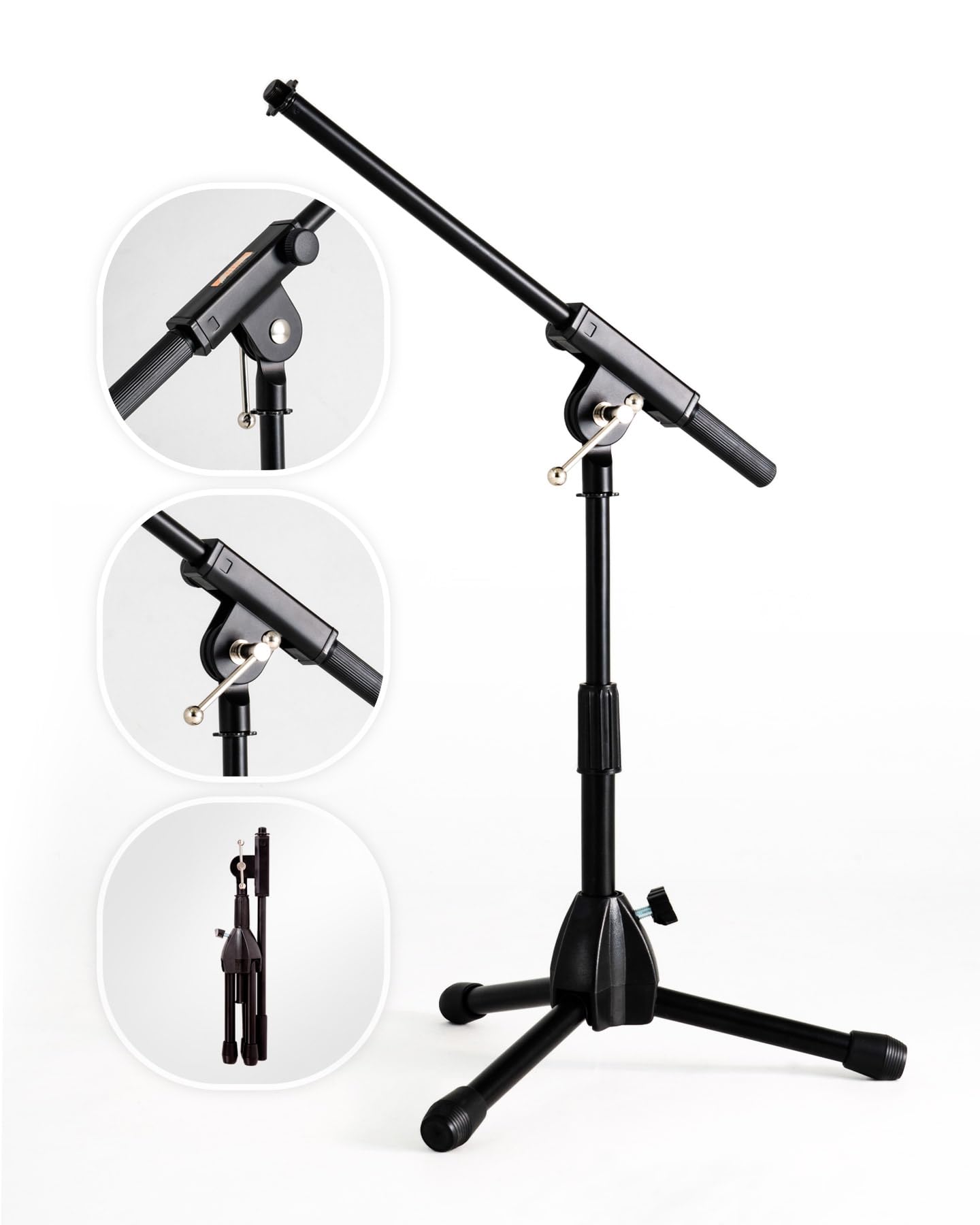 Stage Rocker Foldable Tripod Low-Profile Mic Boom Stand - Height Extending from 9.6'' to 16.9'', w/Adjustable Telescoping Arm Up to 9''