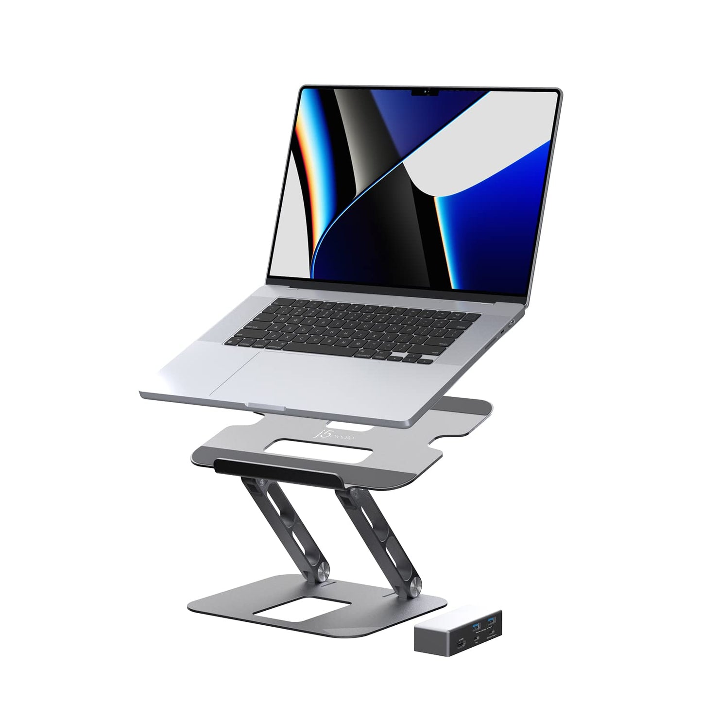 j5create Laptop Stand with USB C 4K HDMI Display Hub - 2 USB A 5Gbps, PD 100W with USB-C 5Gbps | Aluminum Computer Riser for MacBook and Windows