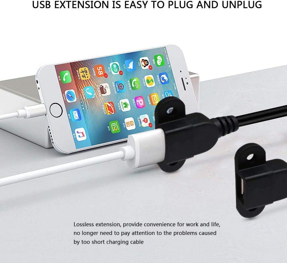 USB 2.0 Male to Dual Female Charging Extension Cable, Furniture nightstand Sofa Electric Vehicle on-Board Charging Port, Panel Mount Cable with Screw