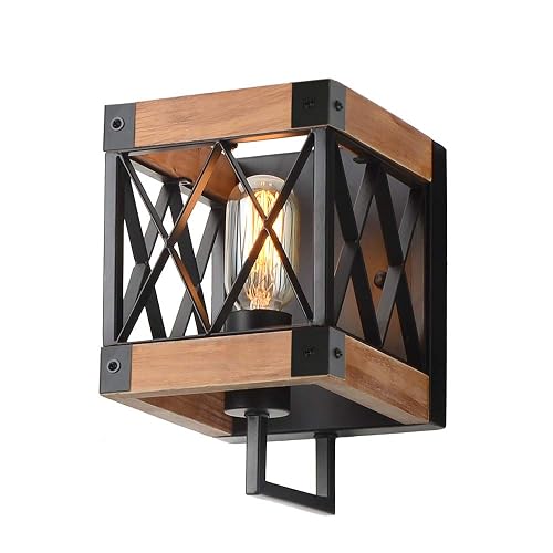 Eumyviv 1-Light Rustic Wood Wall Lamp with Mesh Cage Industrial Wall Sconce, Retro Bathroom Lamp Log Cabin Home Vintage Edison Sconce Light Fixture