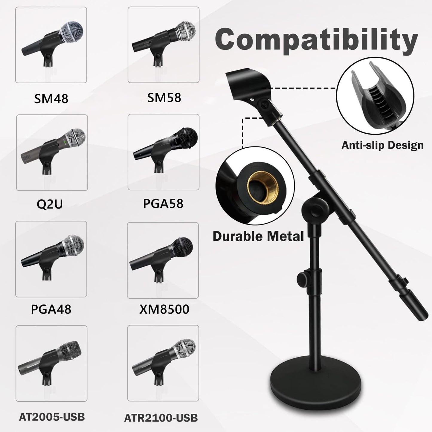 Mictop Adjustable Desktop Mic Stand, Desk Stand Tabletop Table Top Microphone Stand with Mic Clip for Handheld Microphone, Boom Arm, 5/8" Male to 3/8"