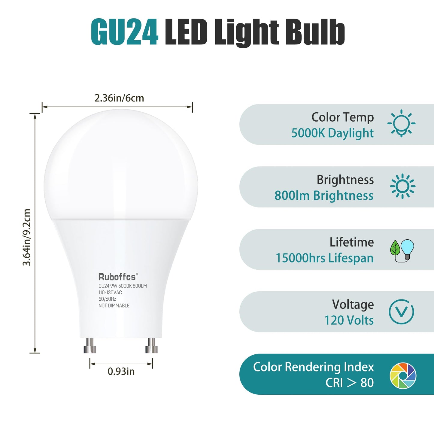 Ruboffcs GU24 LED Light Bulb,Daylight 5000K,Efficient 9W,24 Packs