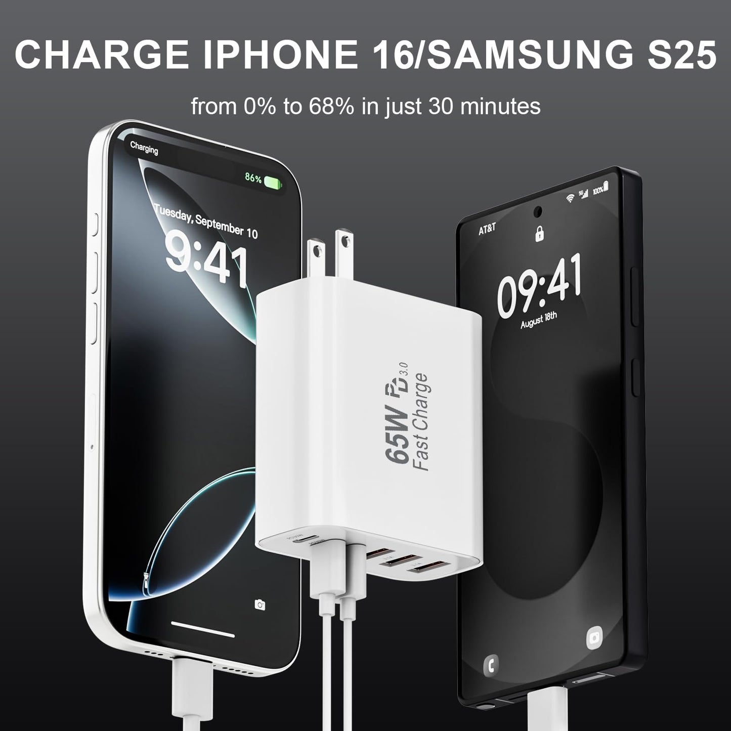 USB C Wall Charger Block, 65W GaN 6-Port Fast Charging Block,PD USB C Plug Adapter+QC Plug Compatible with iPhone iPhone 17/17 Plus/17 Pro Max/16/16