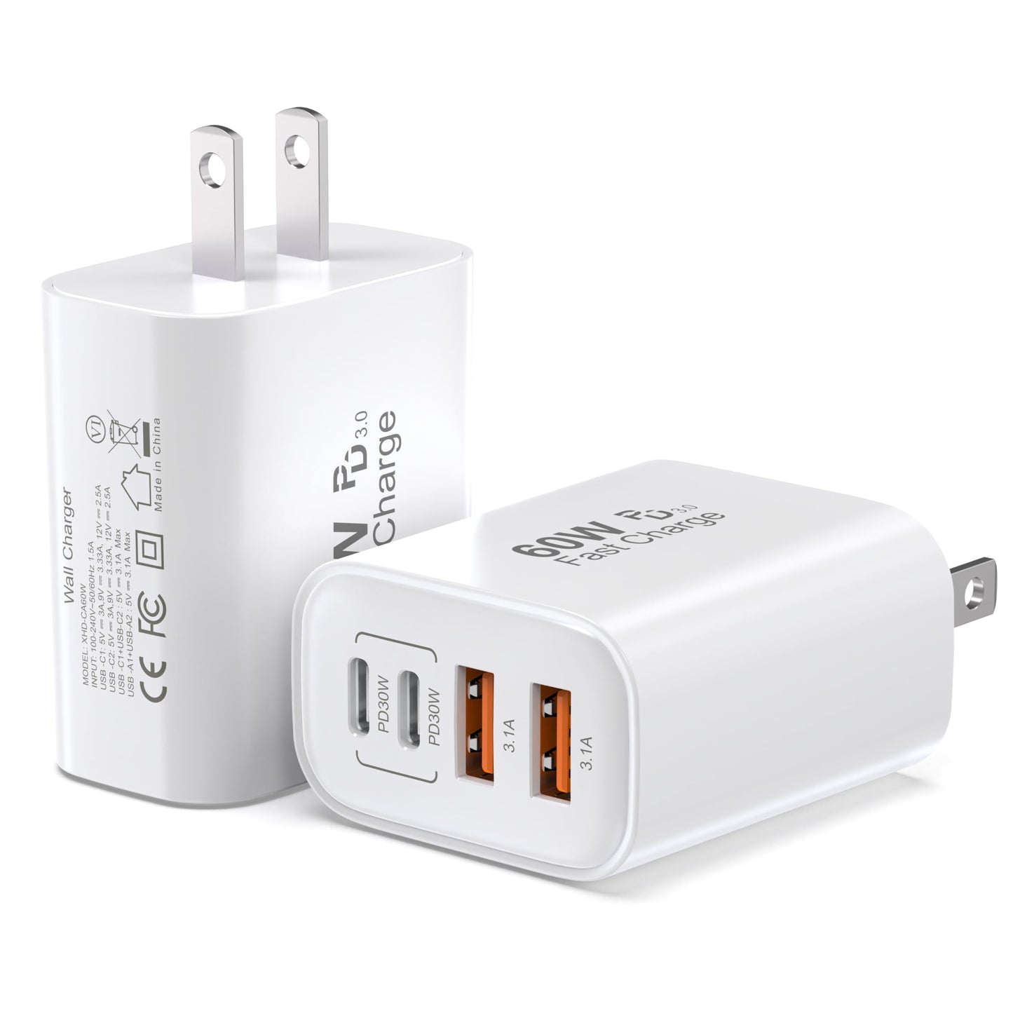 TT&C 60W USB-C Charger Block (2-Pack), 4-Port Fast Charging Hub (2 USB-C, 2 USB-A), PD 3.0 Wall Plug Compatible with iPhone 17/16/15, iPad & Samsung