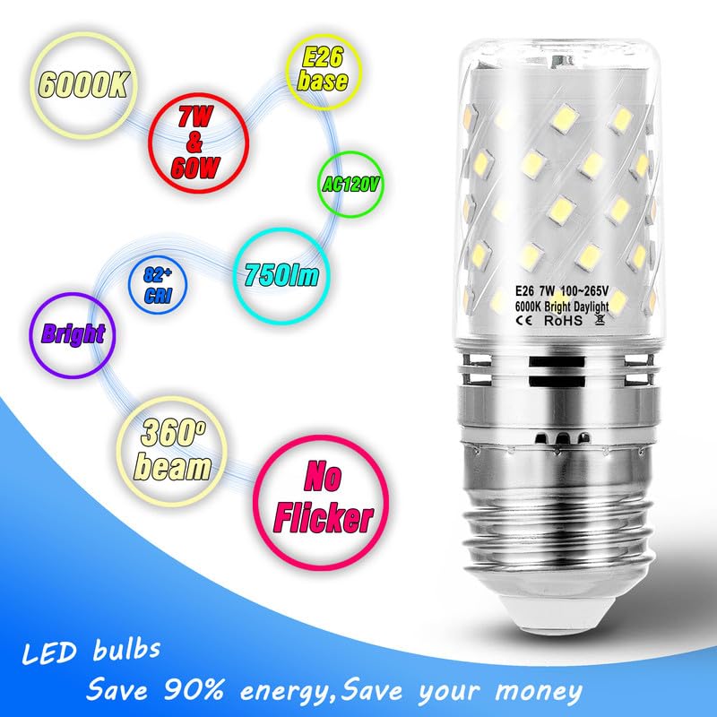 E26 60W Replacement LED Candelabra Corn Bulbs 7W 6000K Daylight, 4 Pack