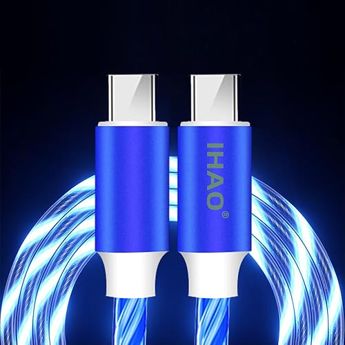 IHAO USB Type C to Type C PD 60W Fast Charging Cable Phone Charger High Data Speed Cool Light Up LED Current Flowing for All USB C Device-Blue/39