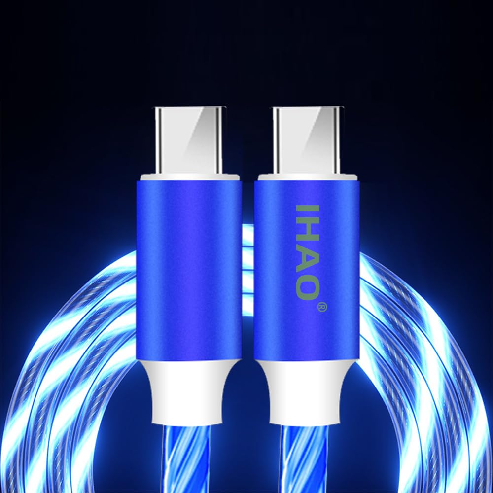 IHAO USB Type C to Type C PD 60W Fast Charging Cable Phone Charger High Data Speed Cool Light Up LED Current Flowing for All USB C Device-Blue/39