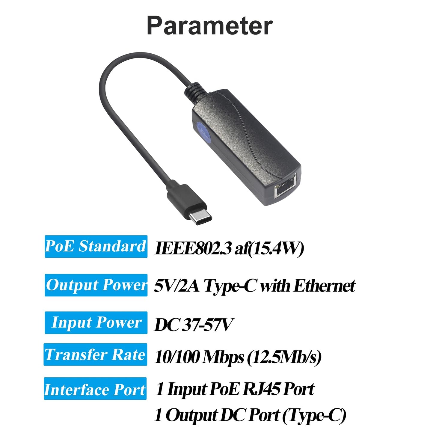 REVOTECH PoE to USB C Adapter Converter, Convert POE to Output 5V/2A Type-C with Ethernet, IEEE802.3af with 10/100Mbps, Wired Broadband and PD