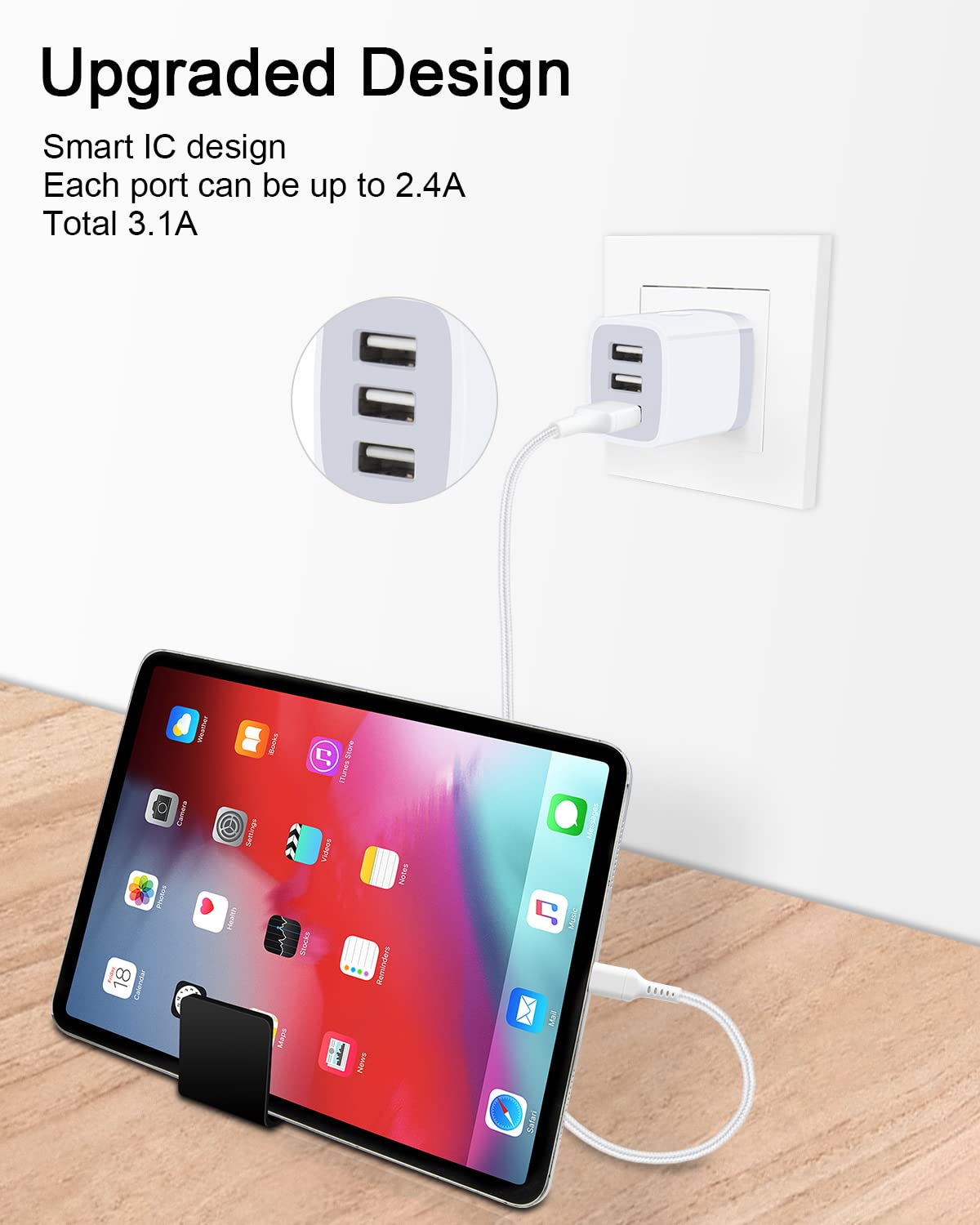 USB Charger Cube, Wall Charger Plug, AILKIN 3.1A 3-Muti Port USB Adapter Power Plug Charging Station Box Base for iPhone 17 16 15 14 13 12 Pro Max