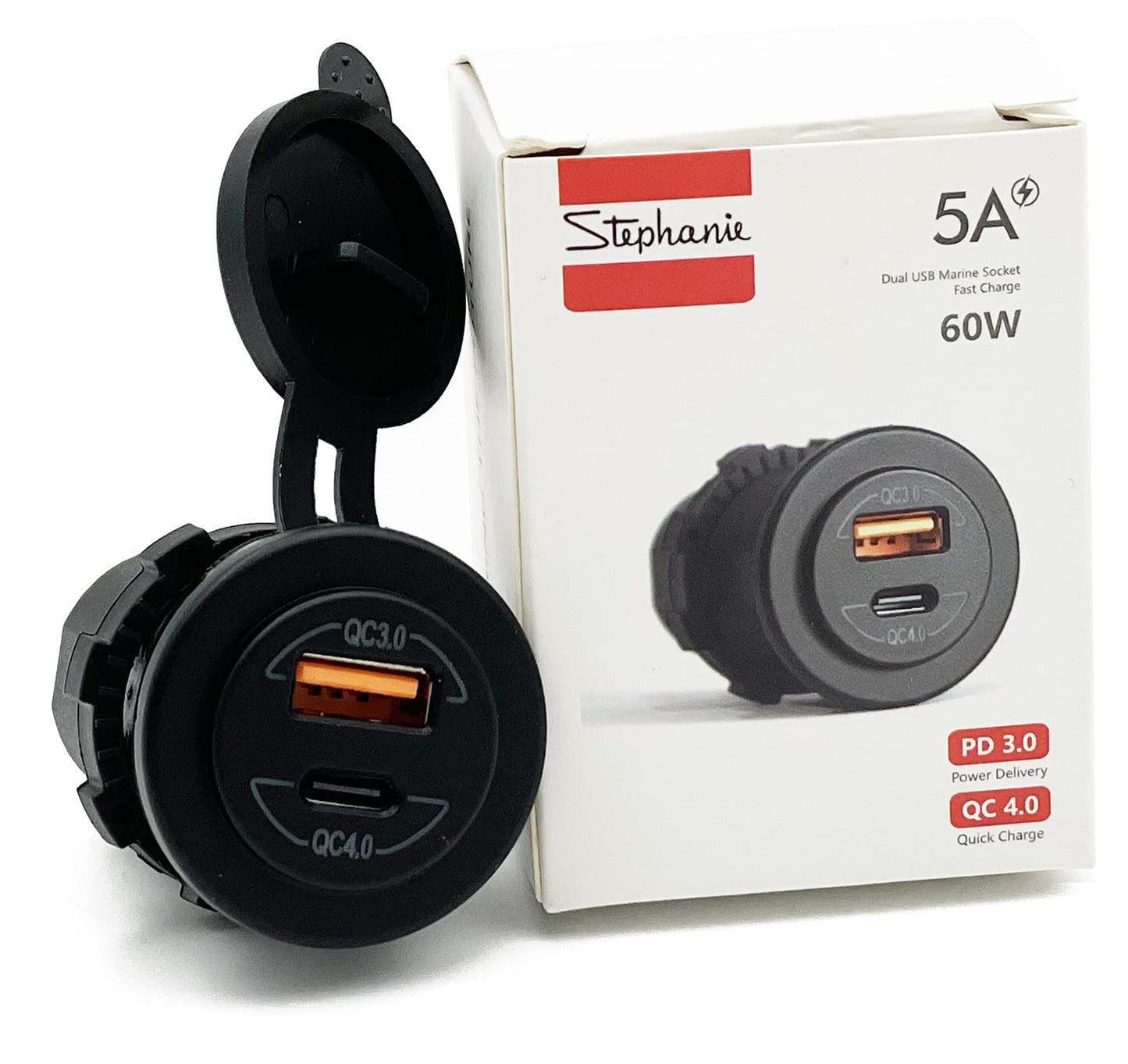 60W Socket Dual USB Type C PD 3.0 (60W) + USB A (36W) Fast Charger for Car, Boat, Marine & RVs