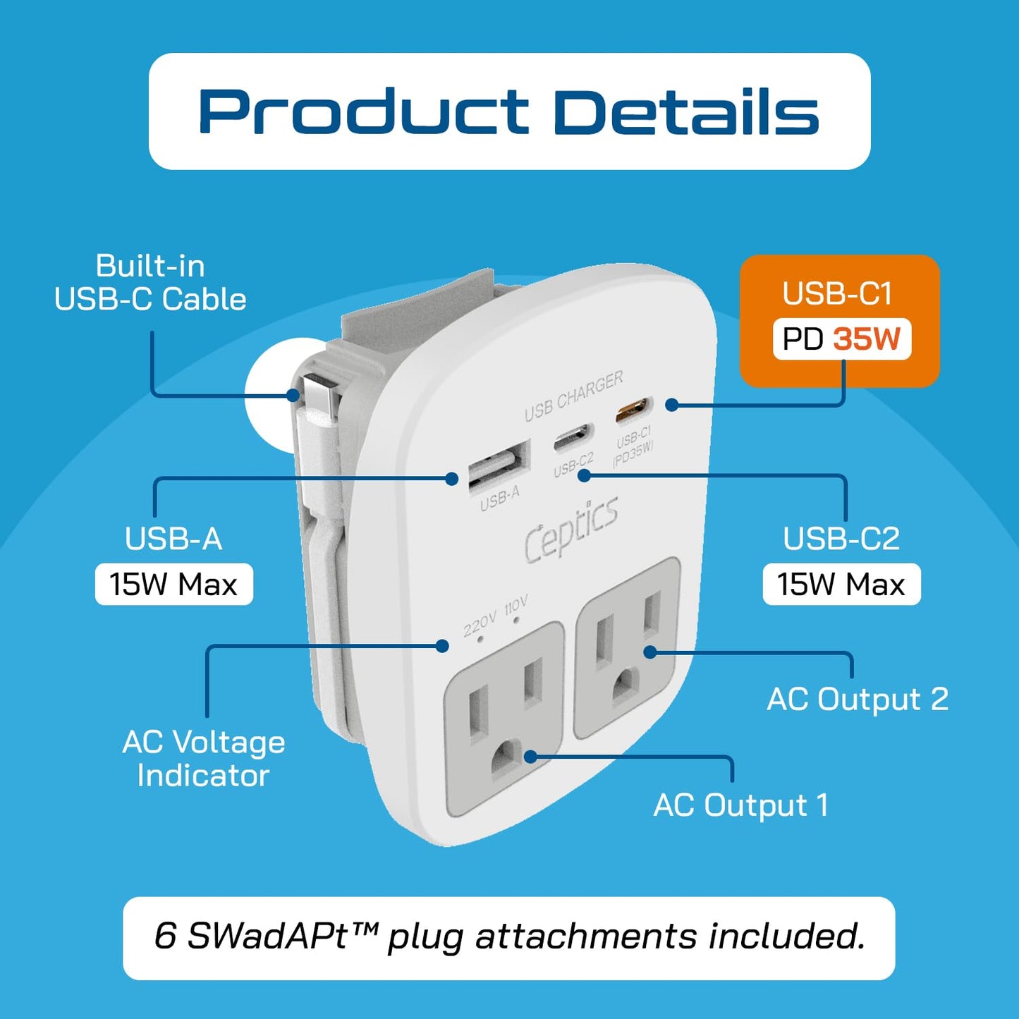 Ceptics Universal Travel Adapter Kit – 2 USA Sockets, USB-A, USB-C PD 35W + Cable, Surge Protected Plugs for EU, UK, AU, China, Japan, ETL Tested