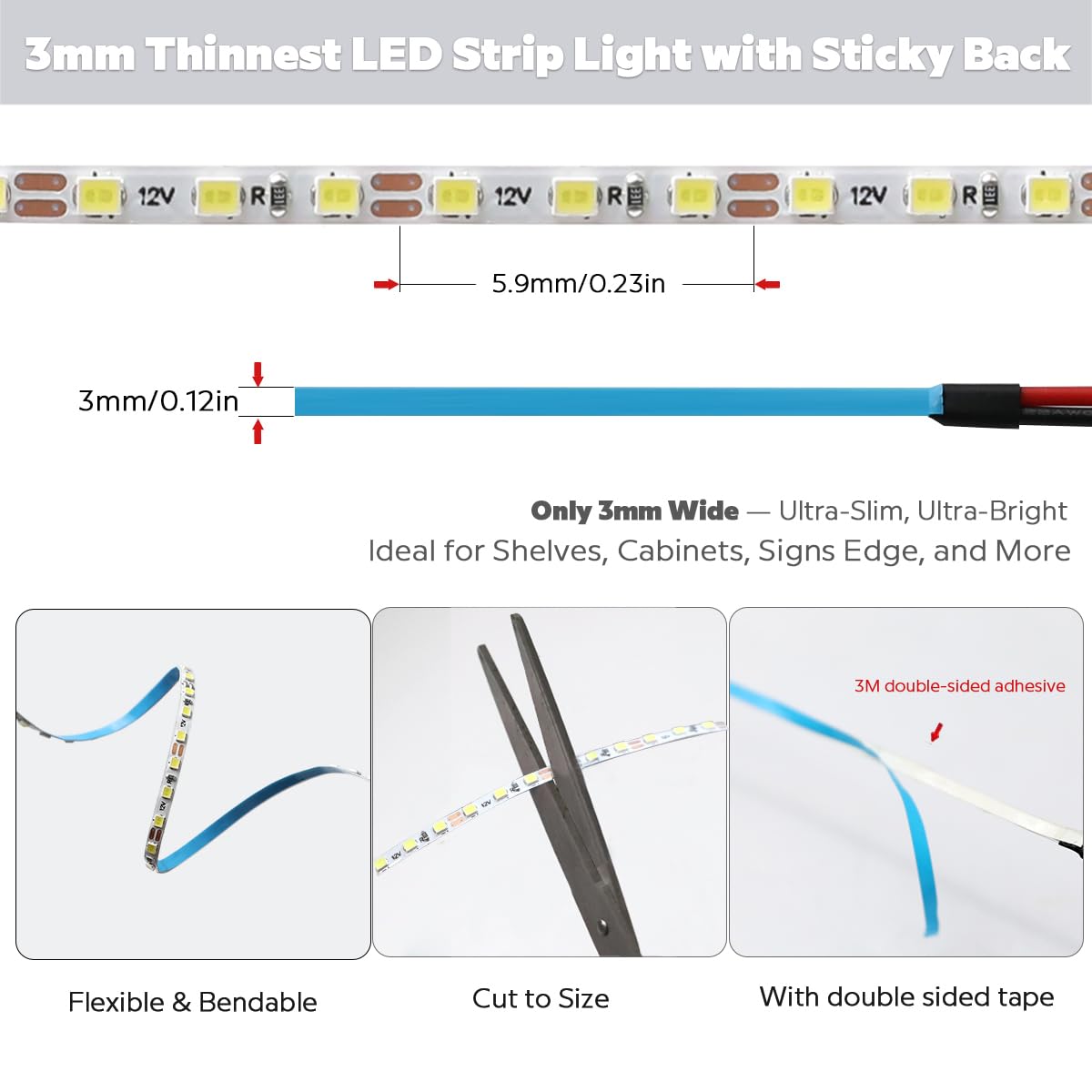 SuperlightingLED Ultra Narrow 3mm LED Strip Lights 6000K Daylight White, DC12V Flexible Cuttable Mini LED Roll 16.4Ft, High Density 2025SMDs 840 LEDs