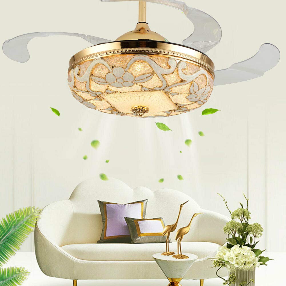42 Inch Gold Ceiling Fans with Lights and Remote, Modern Floral LED Chandelier Fan Light Kit, 4 Retractable Blades, 3 Color 3 Speed Adjustable, Indoor