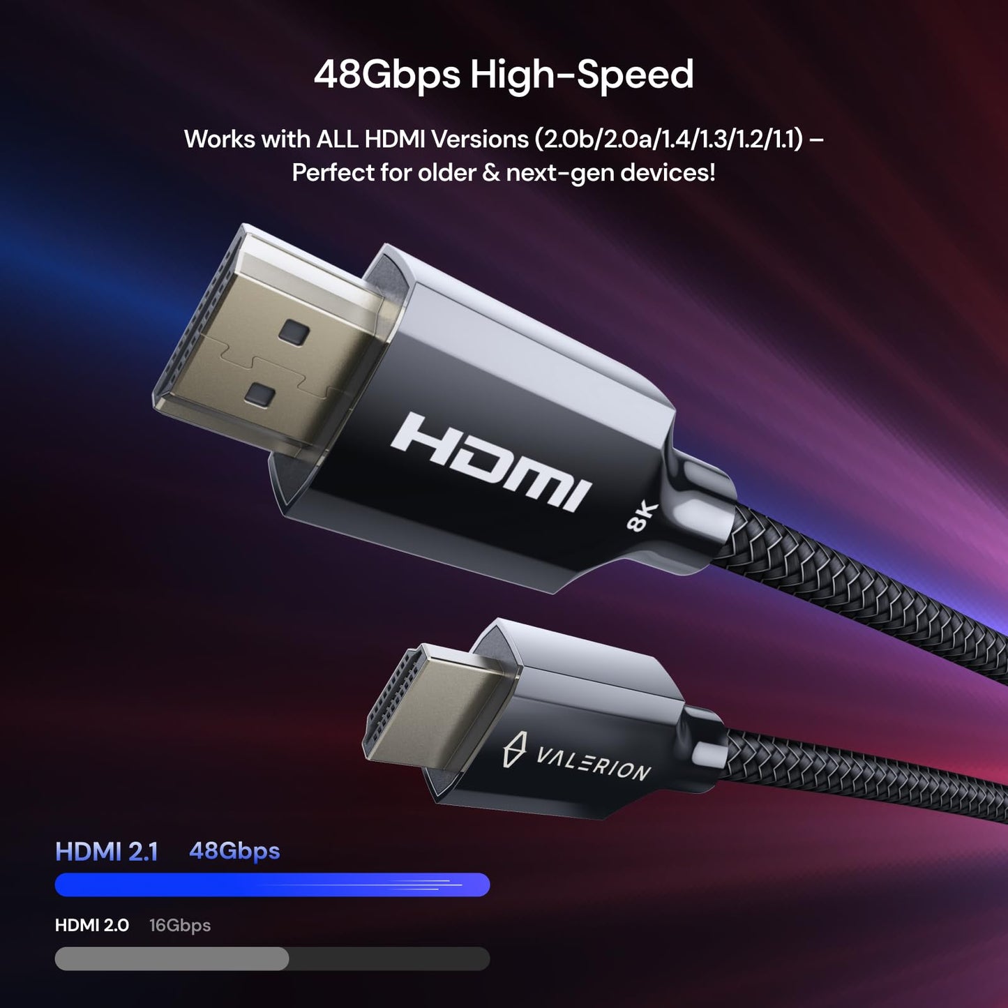 Valerion Ultra High Speed HDMI 2.1 Cable 2m/6.6ft, Certified 48Gbps, 8K@60Hz, 4K@120Hz, Dynamic HDR, ALLM/VRR Gaming, Braided 24K Gold Connectors