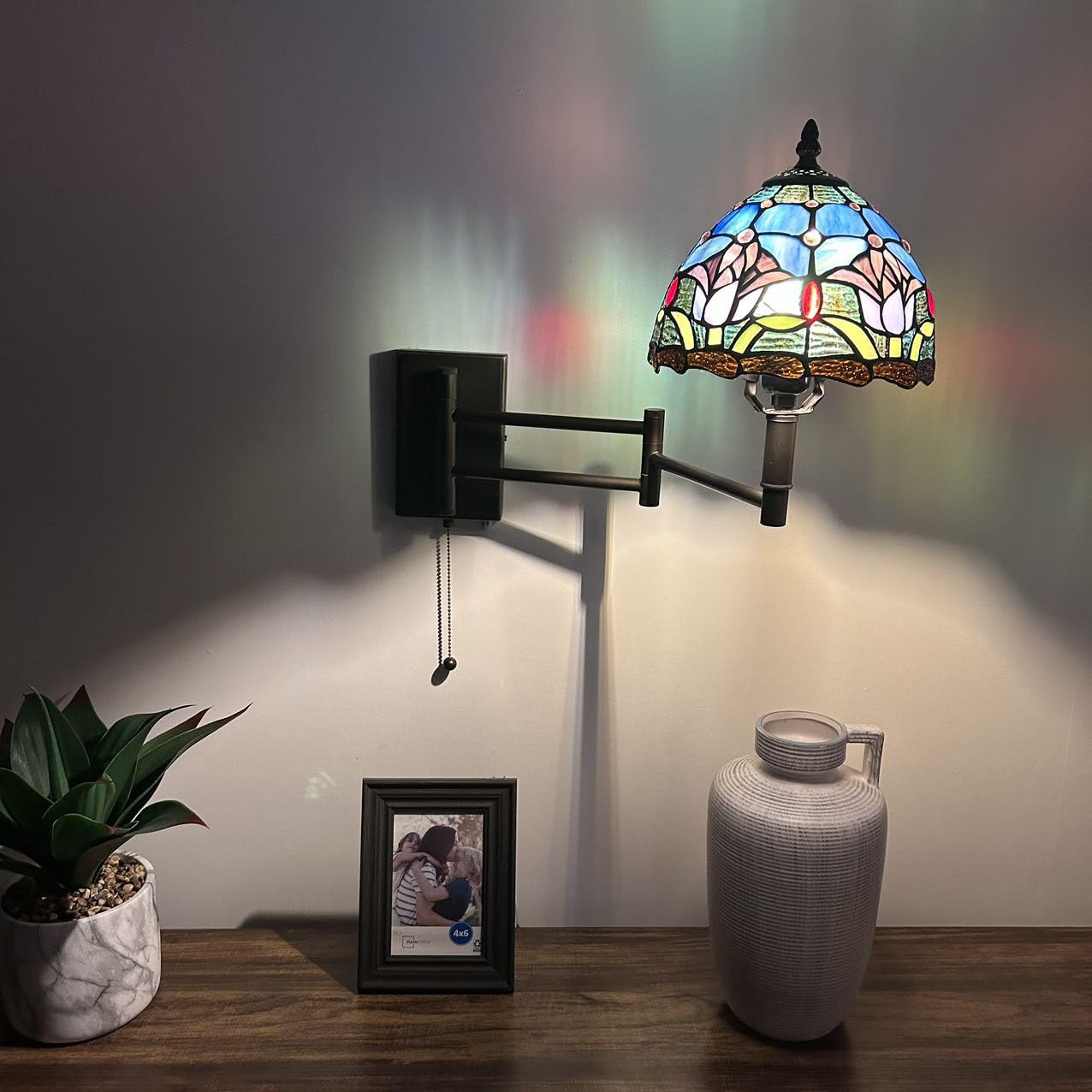 enjoy decor lamps Tiffany Sconce Lamp Swing Arm Blue Stained Glass Purple Tulips Pull Chain Switch LED Bulb Included for Bedroom Living Room