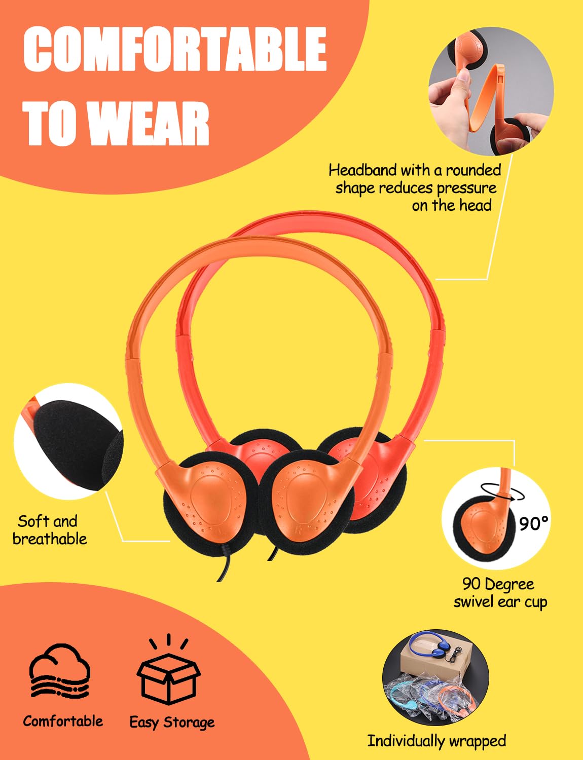 Ladont 100 Pack Classroom Headphones Bulk for Students Kids Schools, Wholesale Wired Multi Color 3.5mm On Ear Class Set Headphones for Library…