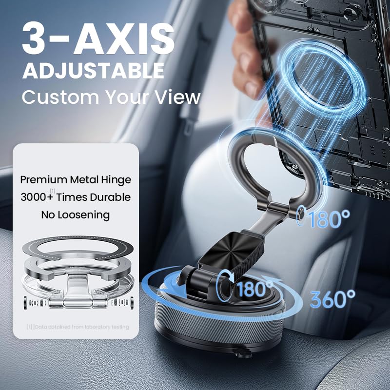 Magnetic Car Phone Mount, 2-in-1 Detachable Ring Stand for Desk & Dashboard, 360° Triple Axis Windshield Holder, N52 Strong Magnet, Universal Fit