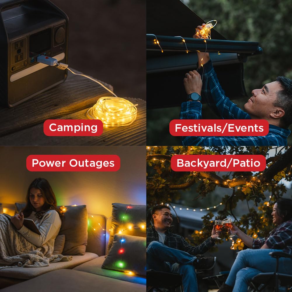 LuminAID LED String Lights - 2-Pack of 32ft USB Lights with 100 LED Bulbs per Strand - Warm White and Multicolor with 8 Modes - Perfect for Camping