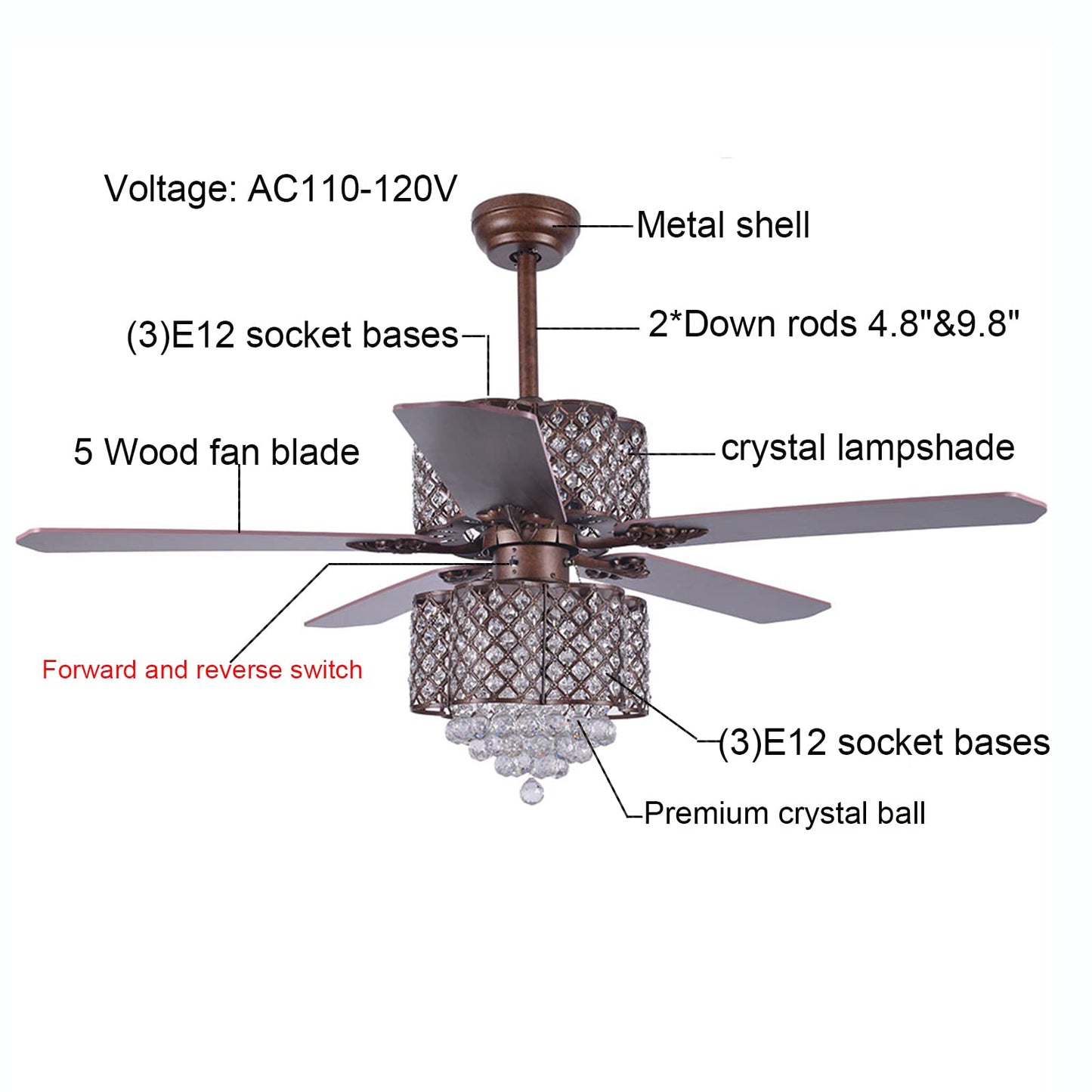 52'' Crystal Ceiling Fan with Lights Classical Ceiling Fans with Chandeliers 5 Wood Reversible Blades 6 E12 3 Speed & Smart Timing Silent Vintage Fan