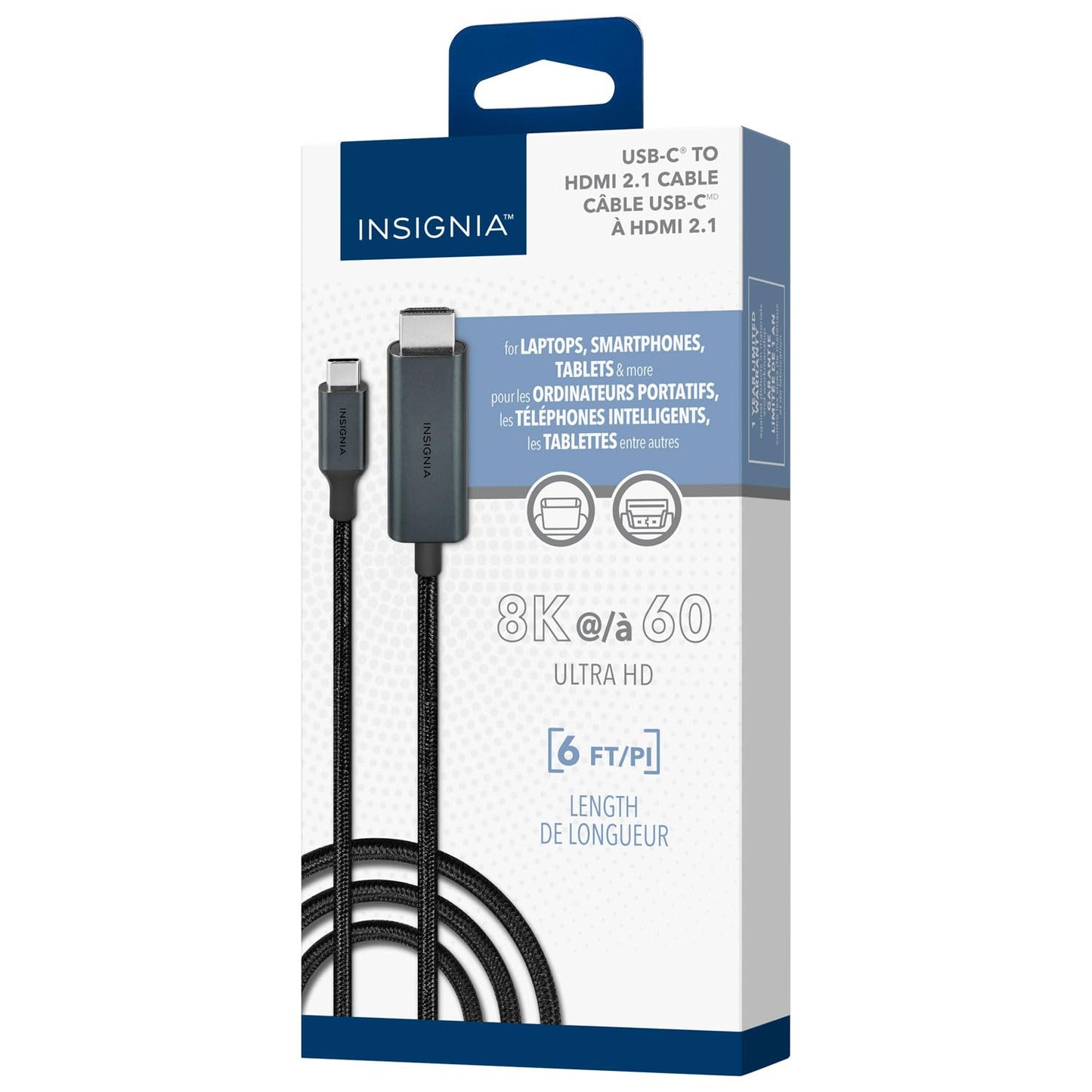 INSIGNIA 6 ft. 8K Ultra HD USB-C to HDMI 2.1 Braided Cable, 8K High-Resolution, 48Gbps high-Speed Data Transfer, Gold Plated connectors for Laptop