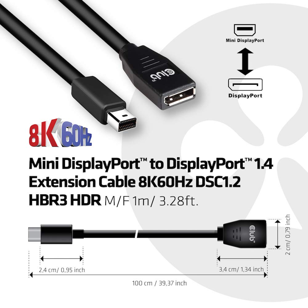 Club 3D CAC-1121 Mini DisplayPort to DisplayPort Bi-Directional 1.4/Hbr3 M/F Cable DP 1.4 8K 60Hz 1m- 3.28ft