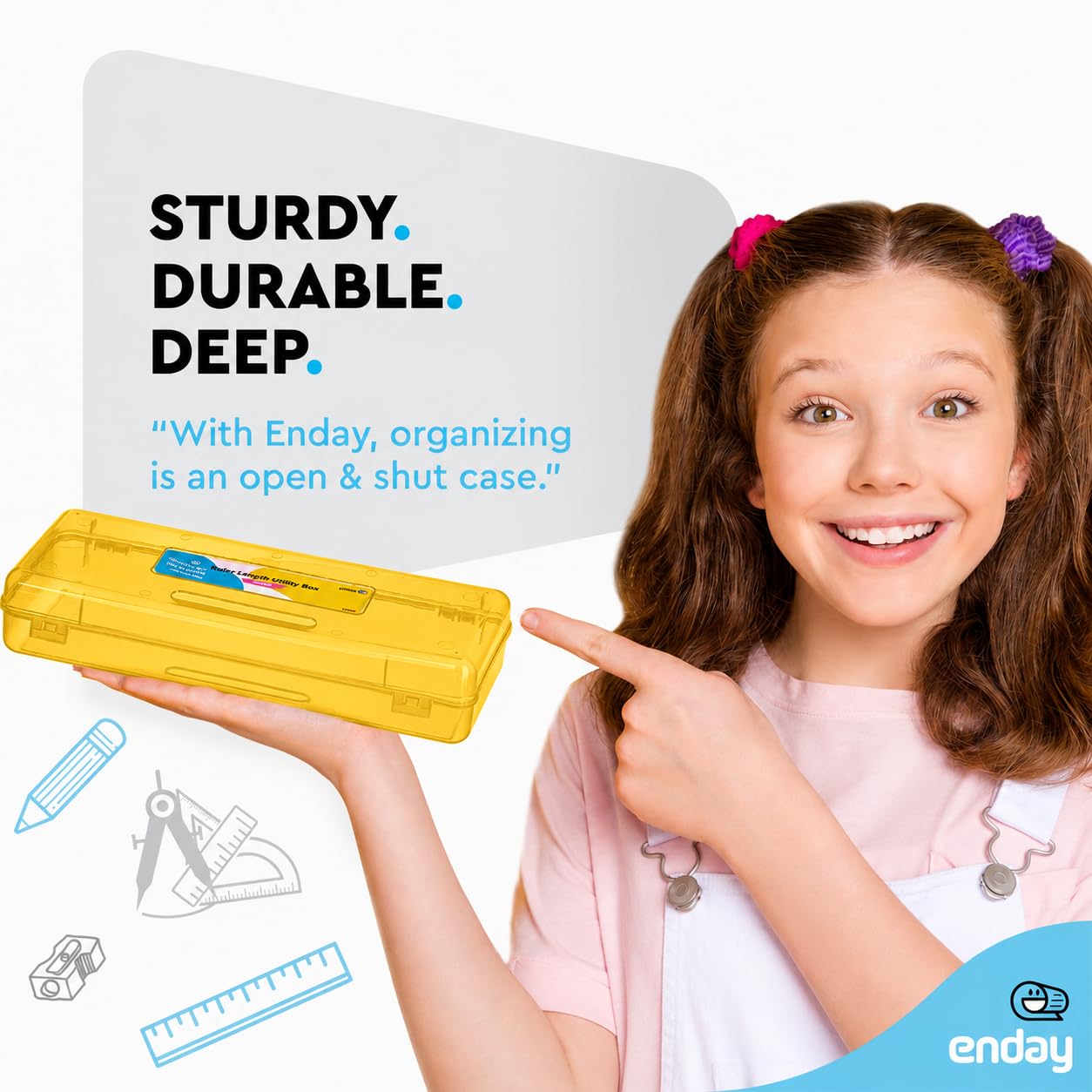 Enday Pencil Box Yellow, Plastic Pencil Case with Snap Lid, Storage Organizer Utility Box, Long Ruler Length School Pencil Box for Kids & Adults