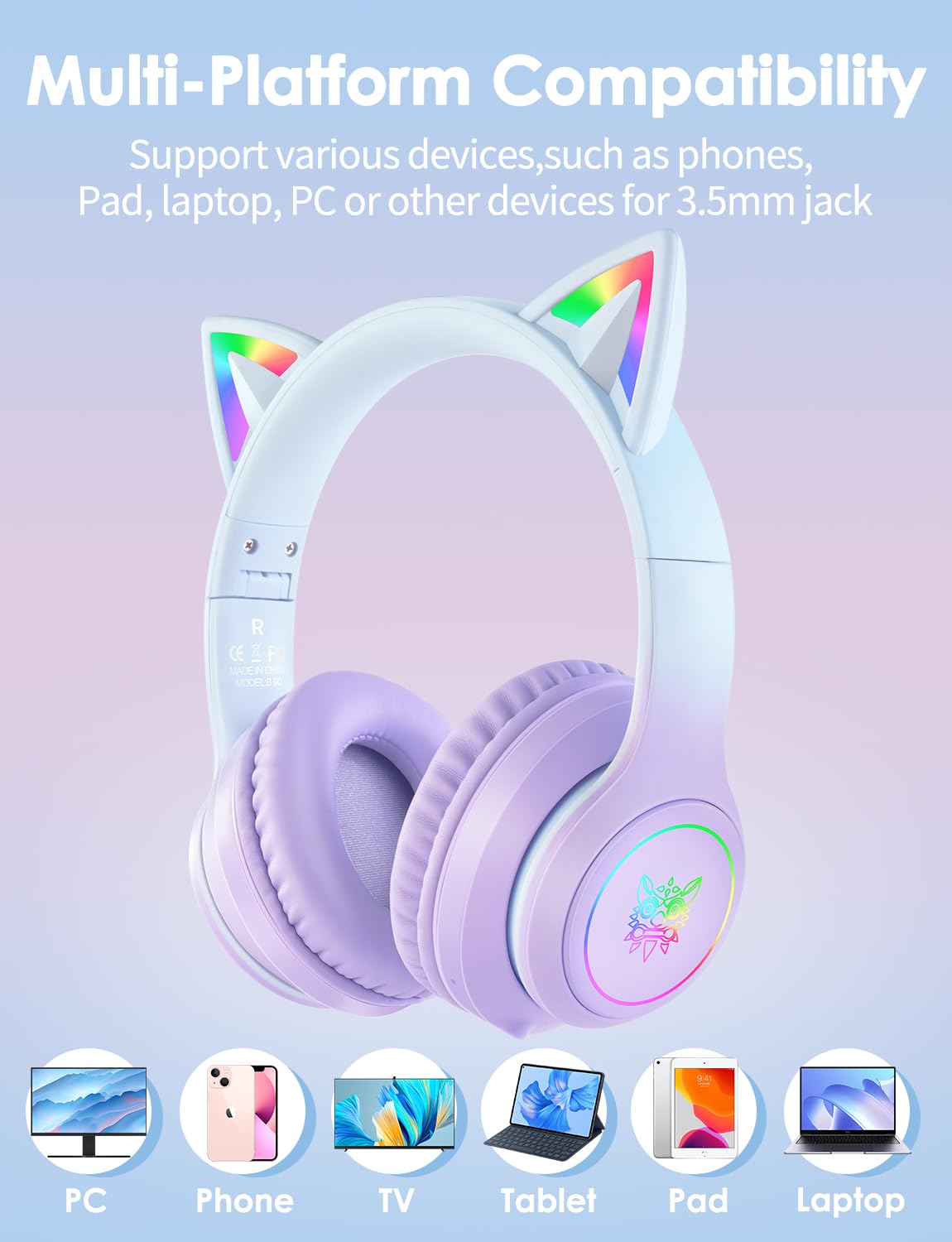 ONITOON Cat Ear Bluetooth Headphones with Micphone for Kids & Adults, LED Light Up Wireless HI-FI Sound Quality, Over-Ear Headphones with Volume