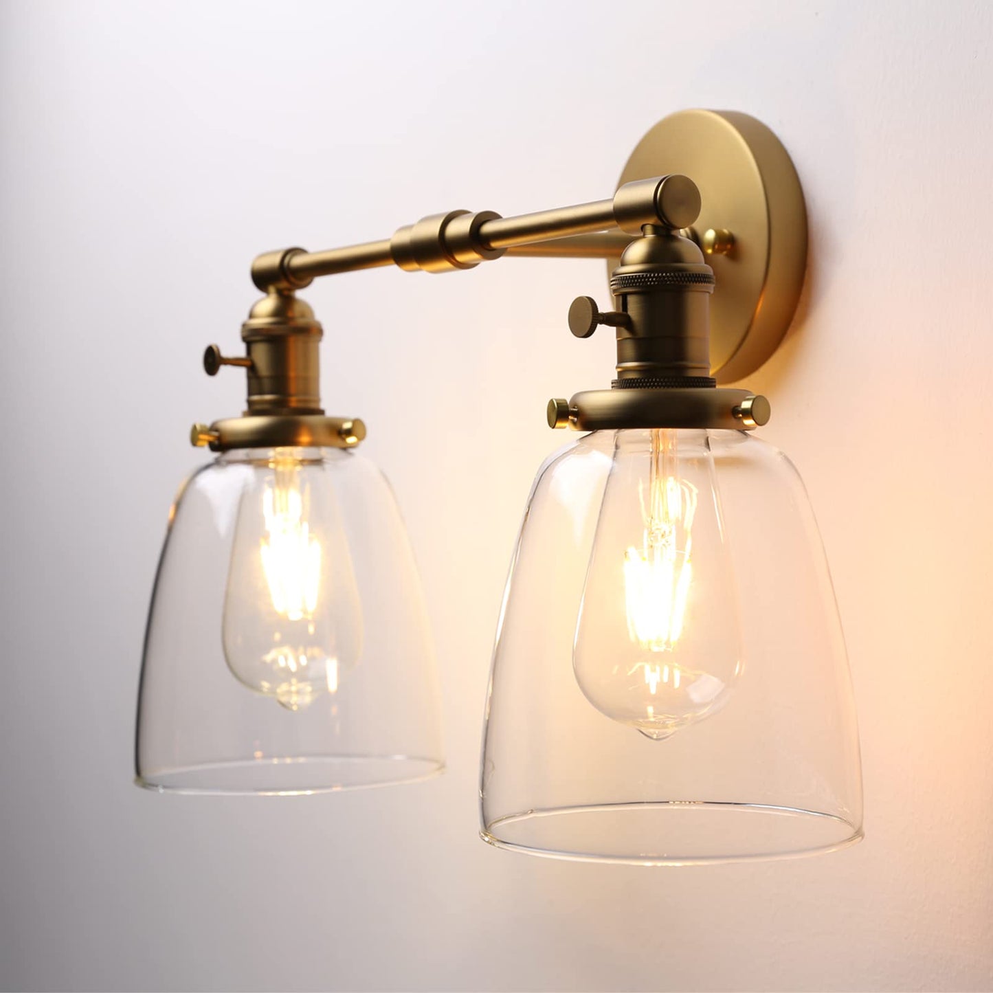 Phansthy Retro Industrial 2-Light Wall Sconces, Bathroom Vanity Light Fixtures, Wall Light with Dual 5.6" Bell Shaped Clear Glass Lampshade, Wall Lamp