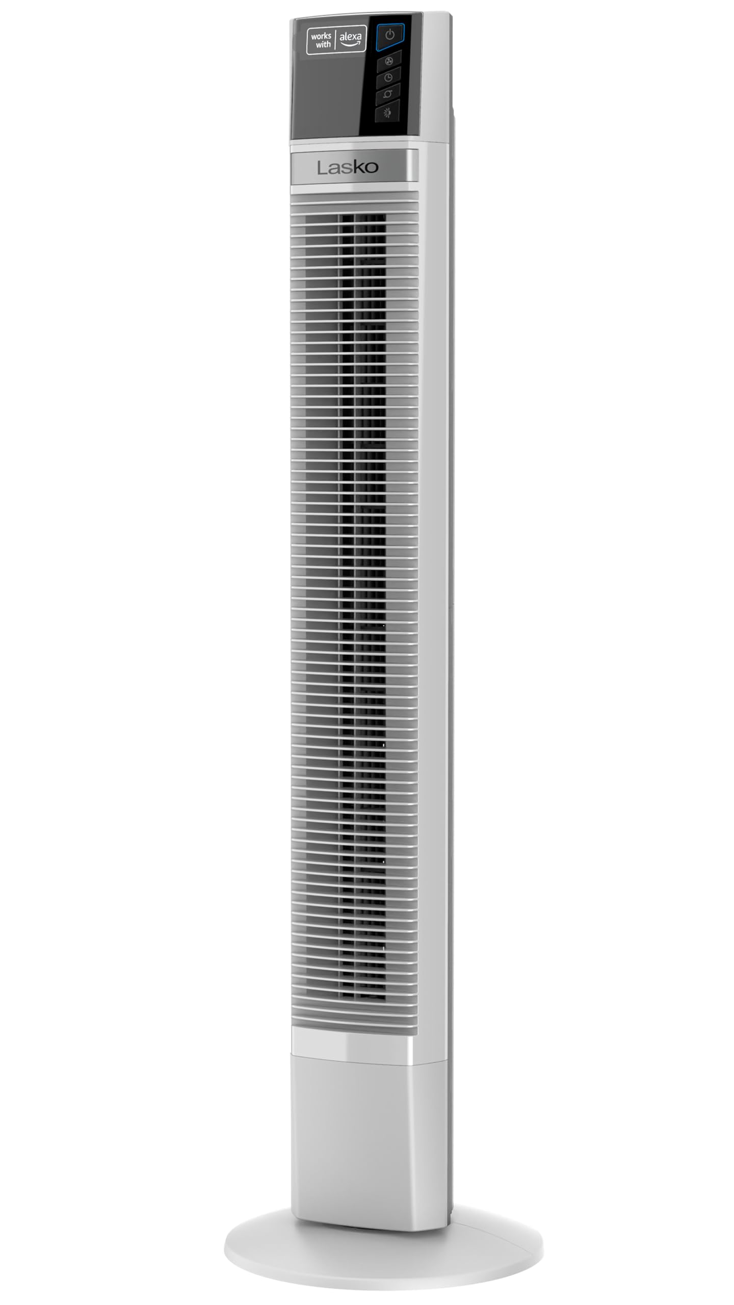Lasko Works with Alexa Oscillating Tower Fan, Voice Controlled, 4 Quiet Speeds, Sleep Mode, Timer, Bedroom, Living Room, 48", White, T48401