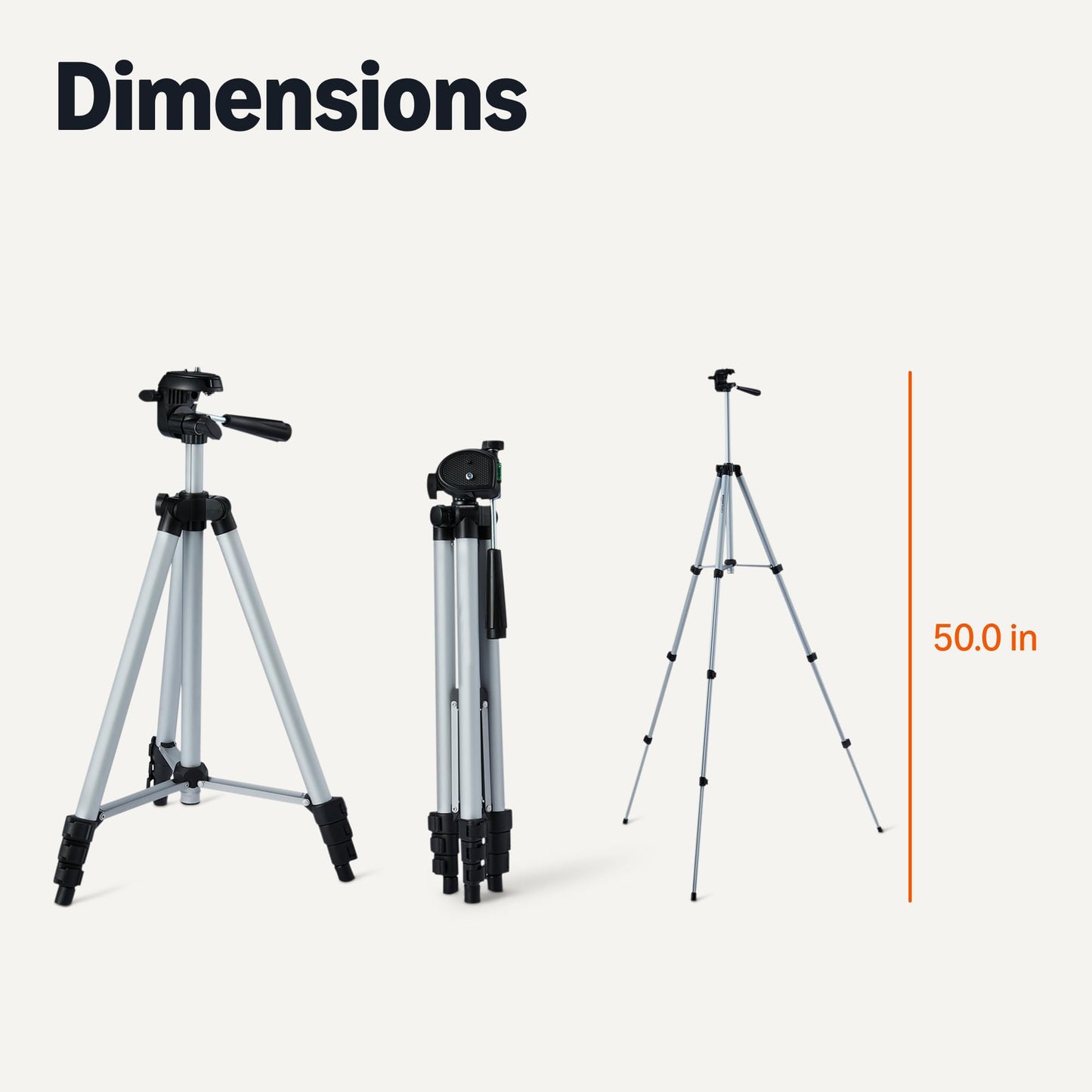 Amazon Basics 50" Lightweight Tripod for Camera and Phone with Travel Bag, Remote Control and Phone Holder, Height Adjustable, Aluminum, Silver