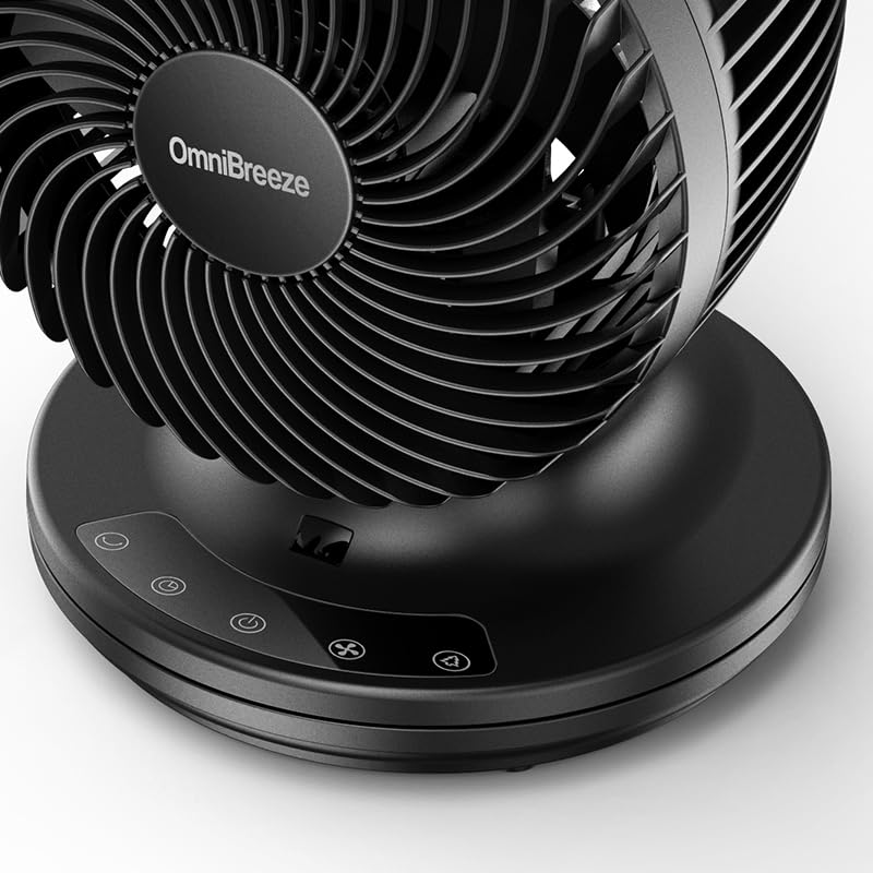 OmniBreeze 6 Inch Black Table Fan for Bedroom, Desk Air Circulator Fan with Remote, 85° Vertical+60° Automatic Oscillating Fan, 5 Speeds, 7H Timer