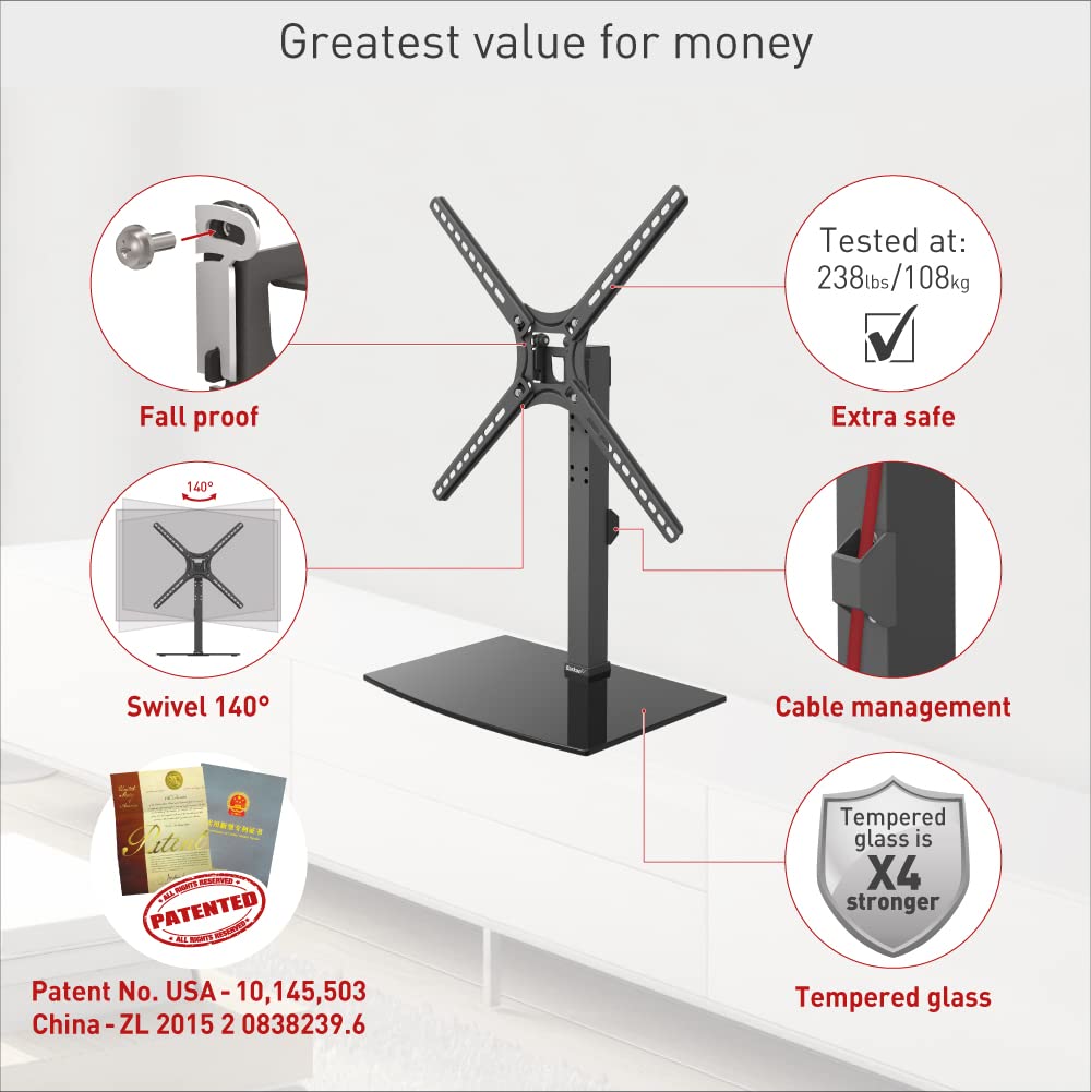 Barkan Tabletop TV Mount, 13-65 inch Swivel & Tilt Flat/Curved TV Stand Base, Holds Up to 36kg, Patented, Tempered Glass, Fits LED OLED LCD
