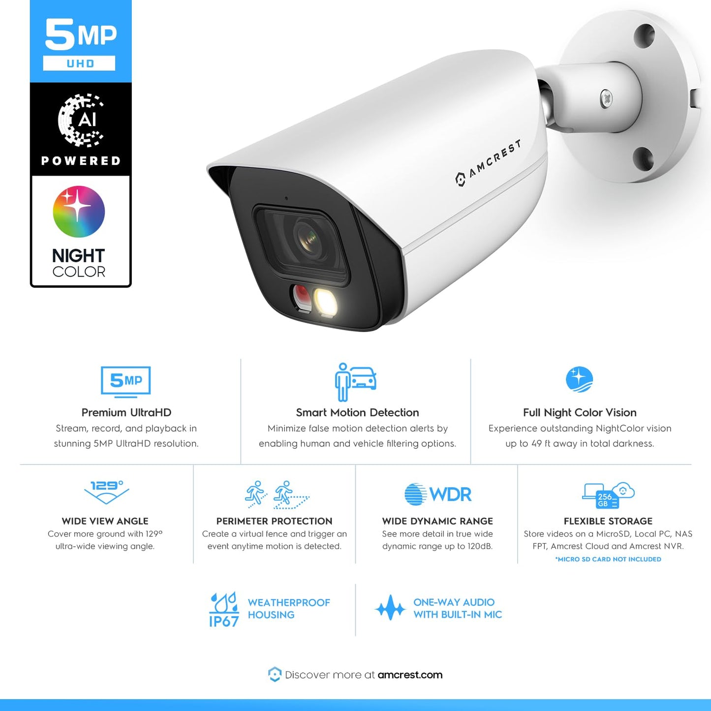 Amcrest 5MP IP PoE AI Camera w/ 49ft Color Night Vision, Security Outdoor Bullet Camera, Built-in Microphone, Human & Vehicle Detection, Active