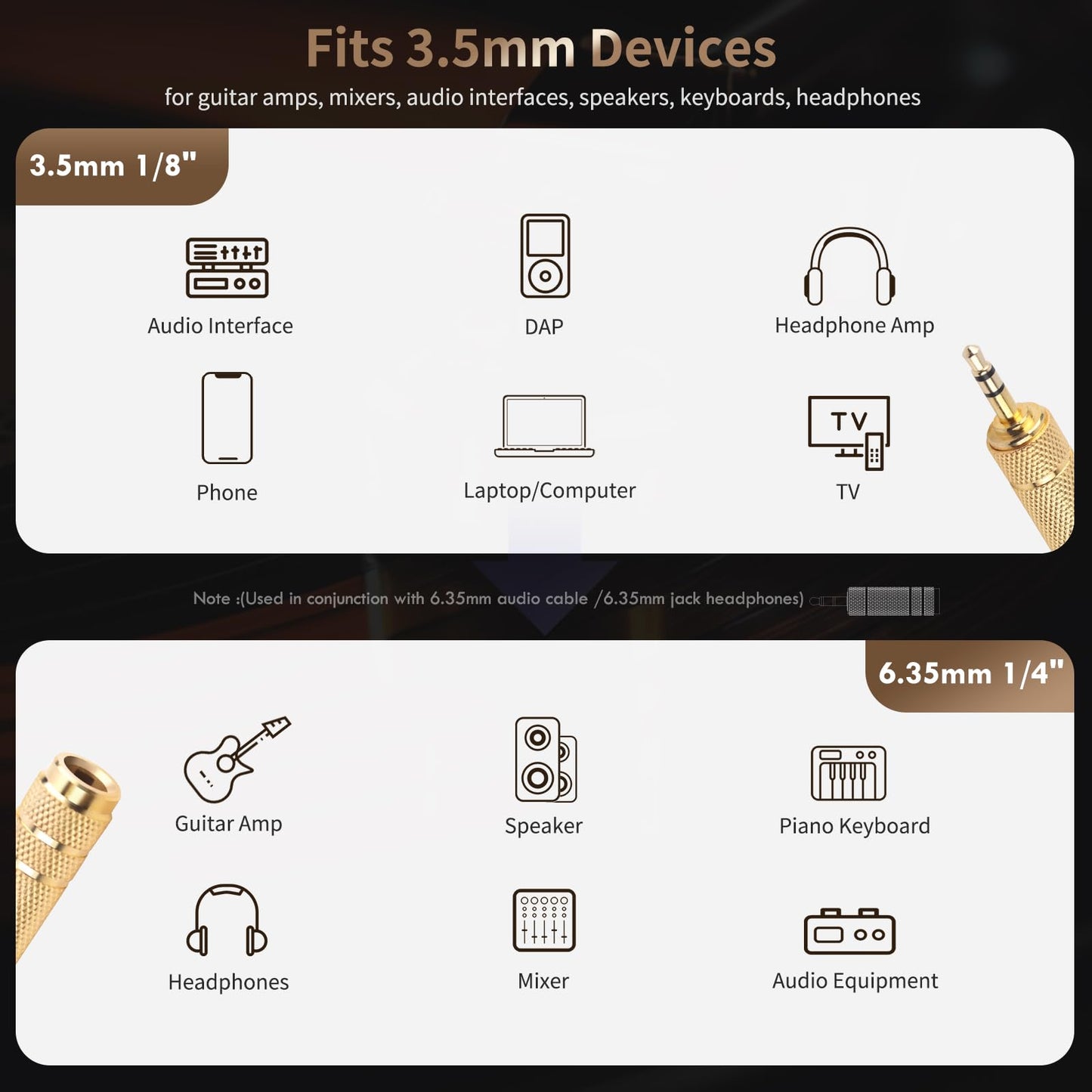 Nadadora 3.5mm (1/8 Inch) Male to 6.35mm (1/4 Inch) Female Stereo Audio Adapter, 1/8 to 1/4 Headphone Jack Converter for Guitar Amp, Mixer, Speaker