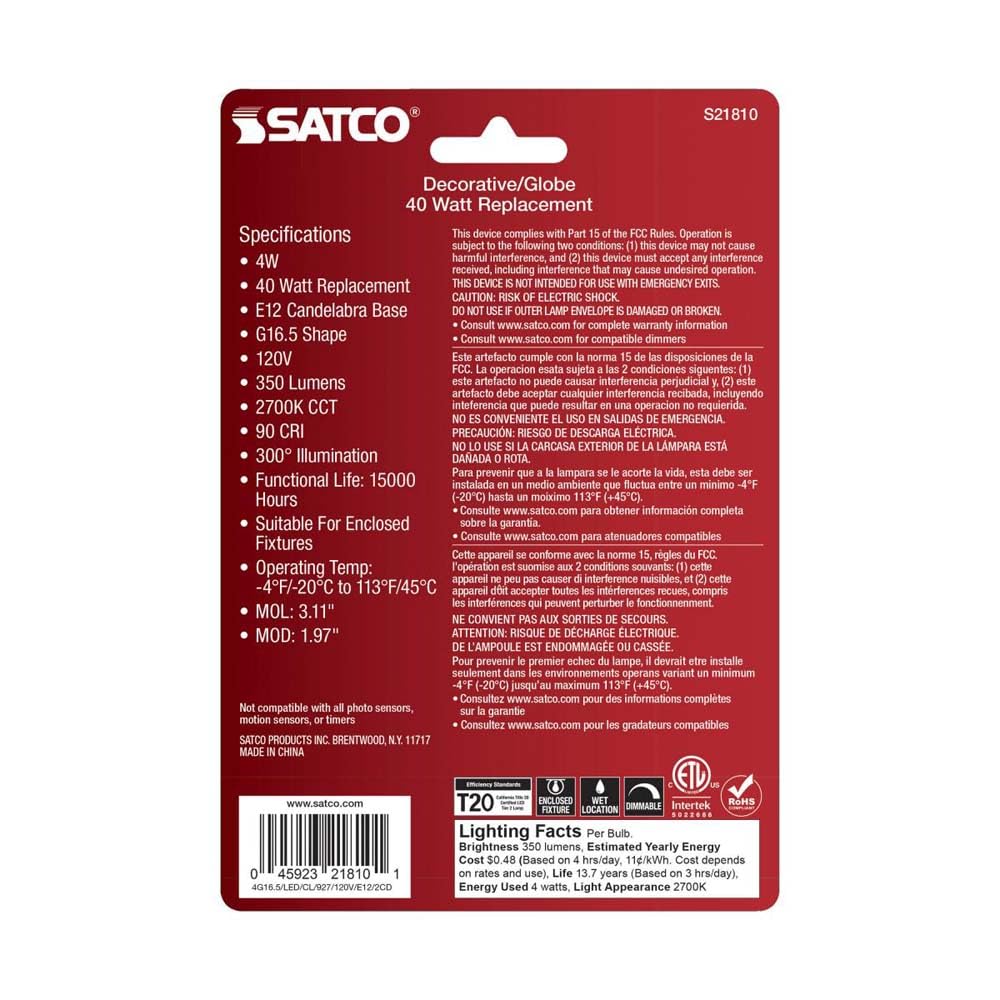 Satco 21810-4G16.5/LED/CL/927/120V/E12/2CD Globe (S21810) Globe Style Antique Filament LED Light Bulb
