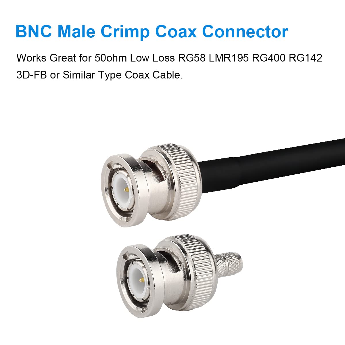 MOOKEERF 10 Pack BNC Male Crimp Connector 50 Ohm BNC Connectors for RG58 RG142 RG400 LMR195 KSR195 3D-FB Coax Cable