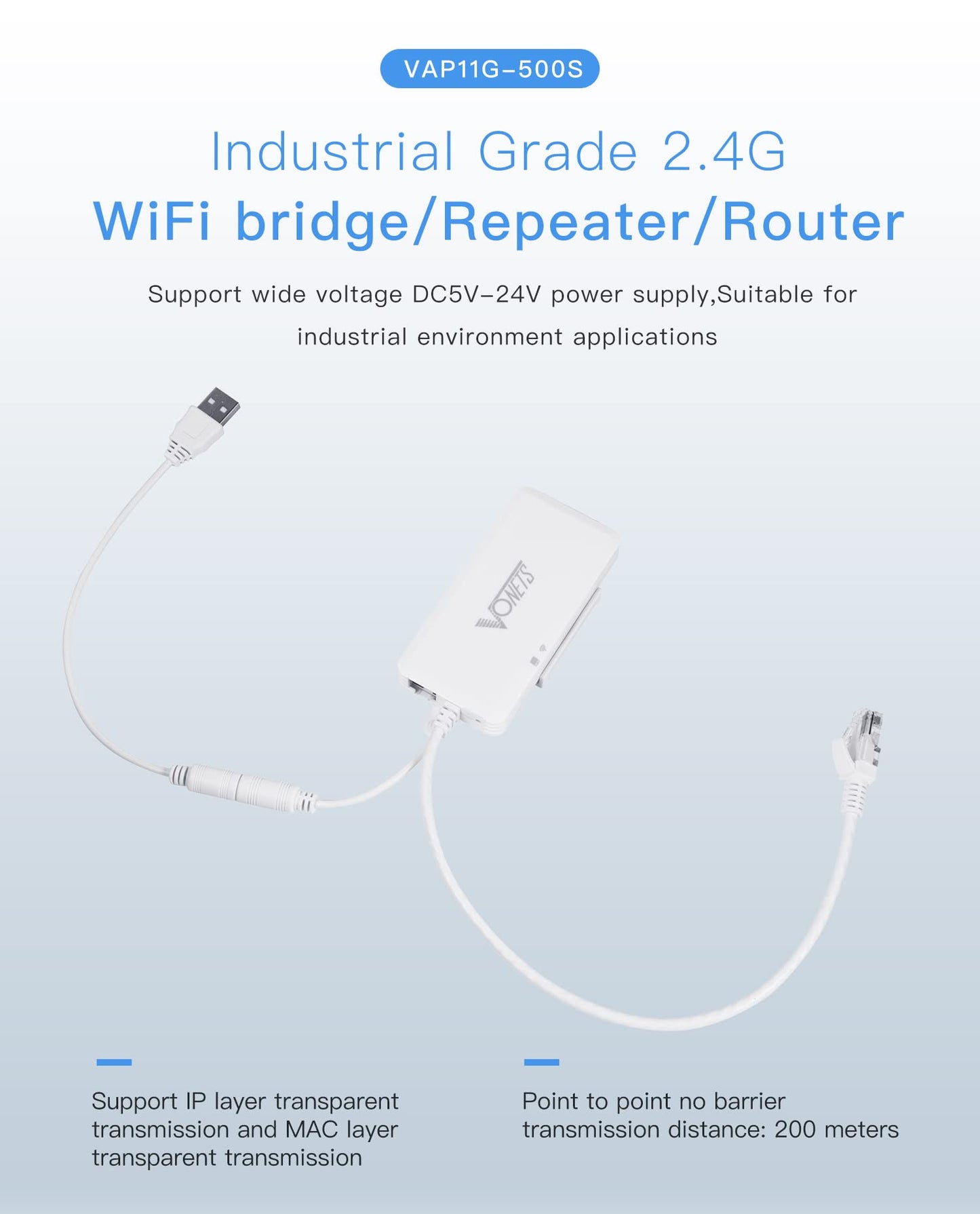 VONETS VAP11G-500S 300Mbps Industrial WiFi Bridge | 2.4GHz, Built-in 2 Antennas, 2X Ethernet Ports | Repeater/Router Mode | Wide Voltage DC5-24V |