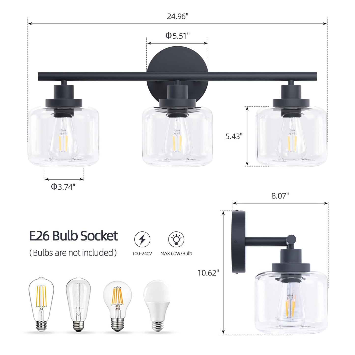 Smplhavn 2025 Upgraded Black Bathroom Vanity Light 3-Lights Bathroom Light Fixtures Over Mirror with Glass Shade 25 inch Wall Sconce Lighting