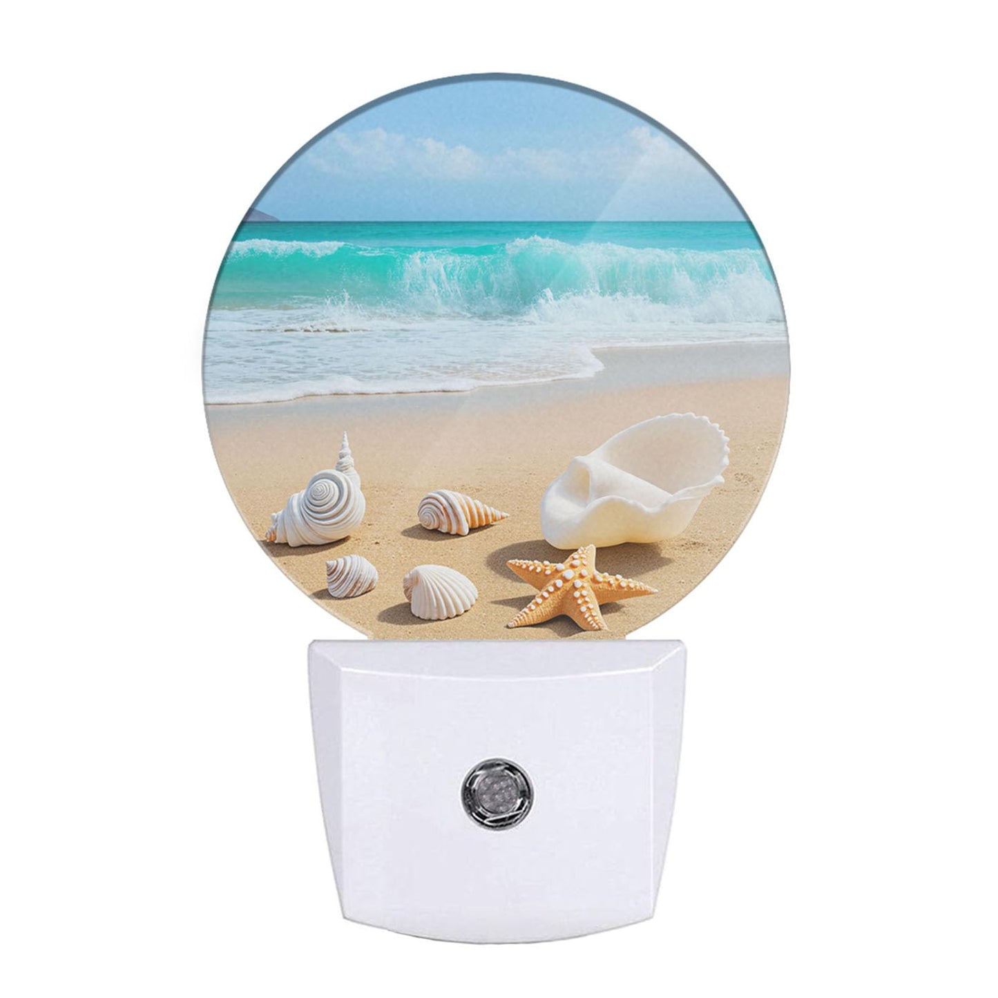 Uanvaha Seashell Nightlight Summer Beach Coral Starfish Blue Ocean Sea Waves Night Lights Plug into Wall Dusk to Dawn Sensor Round Night Light