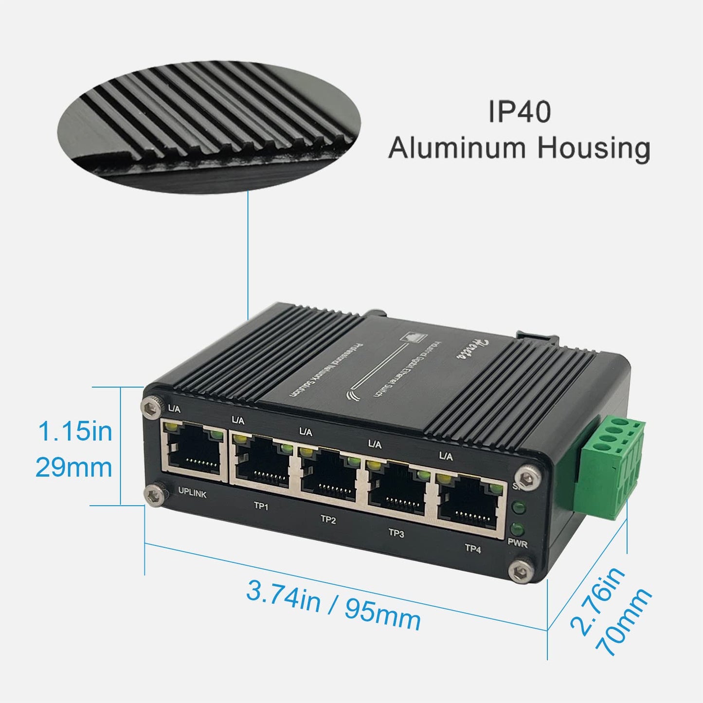 Mini 5-Port Ethernet Switch Hardened Industrial Gigabit Network Switch 10/100/1000BASE-T with Half/Full Duplex & Auto-MDI/MDI-X Function 12~48VDC Wide