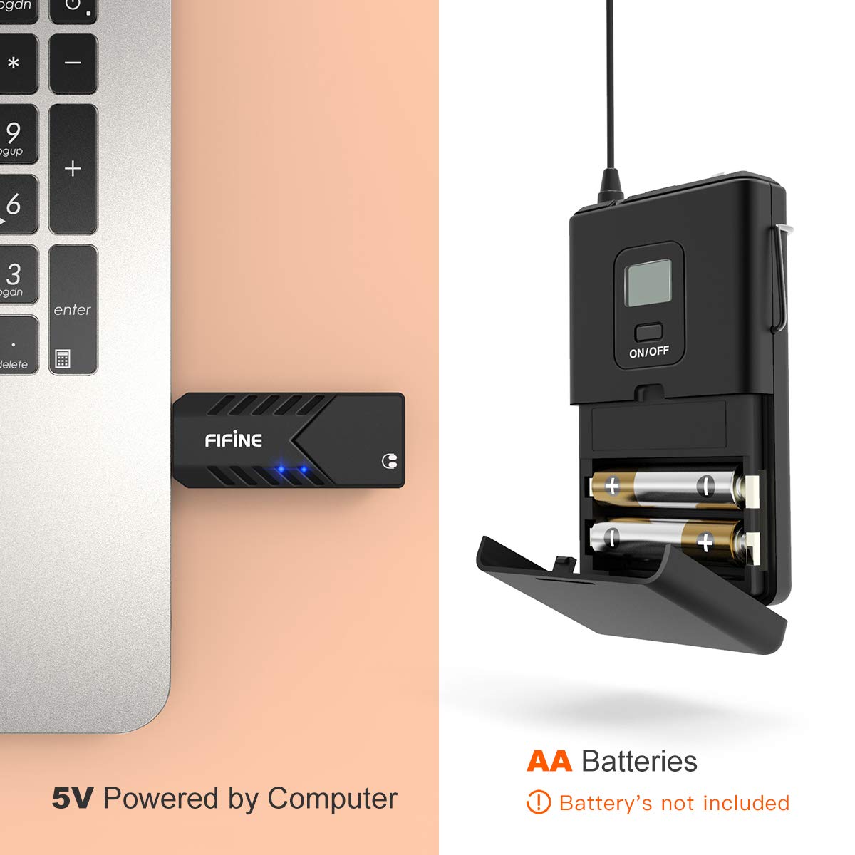 FIFINE Wireless Microphones for Computer, USB Wireless Microphone System for PC and Mac, Headset UHF System with USB Receiver,Transmitter, Headset and