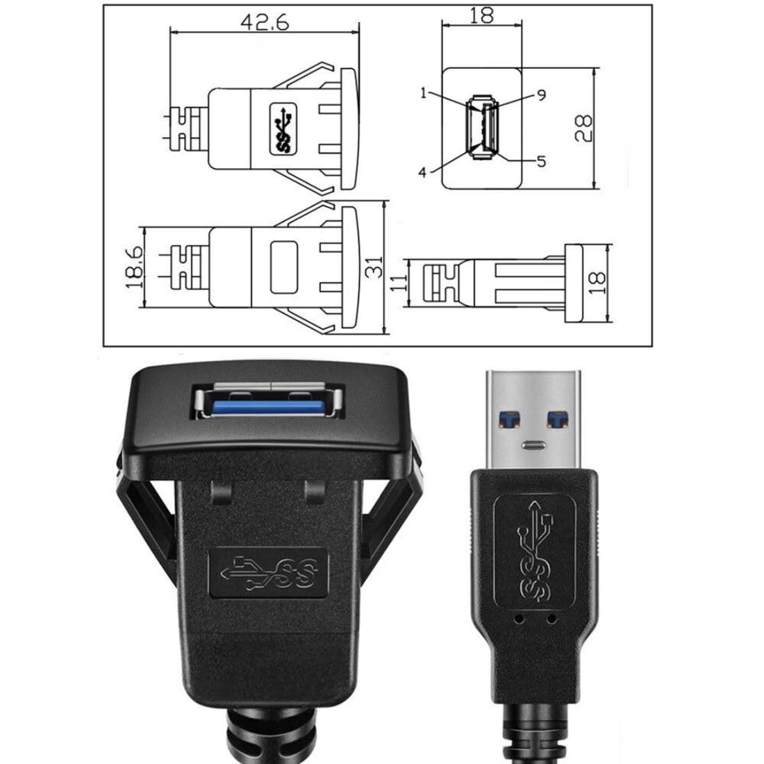 chenyang USB 3.0 Flush Mount Male to Female Extension Cable for Car Dashboard Panel Mount 1.0M