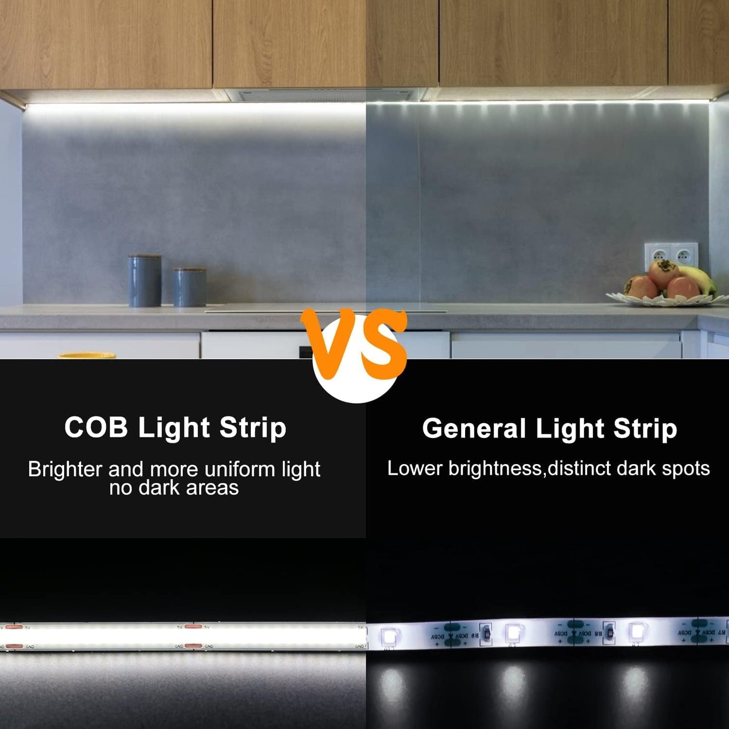 Smacen Battery Powered COB Led Strip Lights, 3.28Ft Battery Operated 6000K Cool White LED Strip Lights, High Brightness Flexible LED Tape Lights