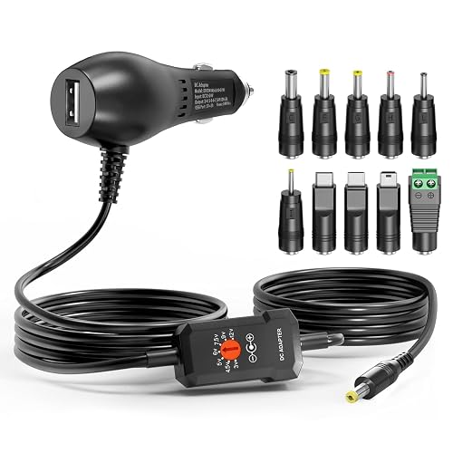 Powseed 34W 3V 4.5V 5V 6V 7.5V 9V 12V DC Car Charger with 10 Tips and USB Cigarette Lighter Adapter Power Supply Cord for Portable DVD Player Dash cam
