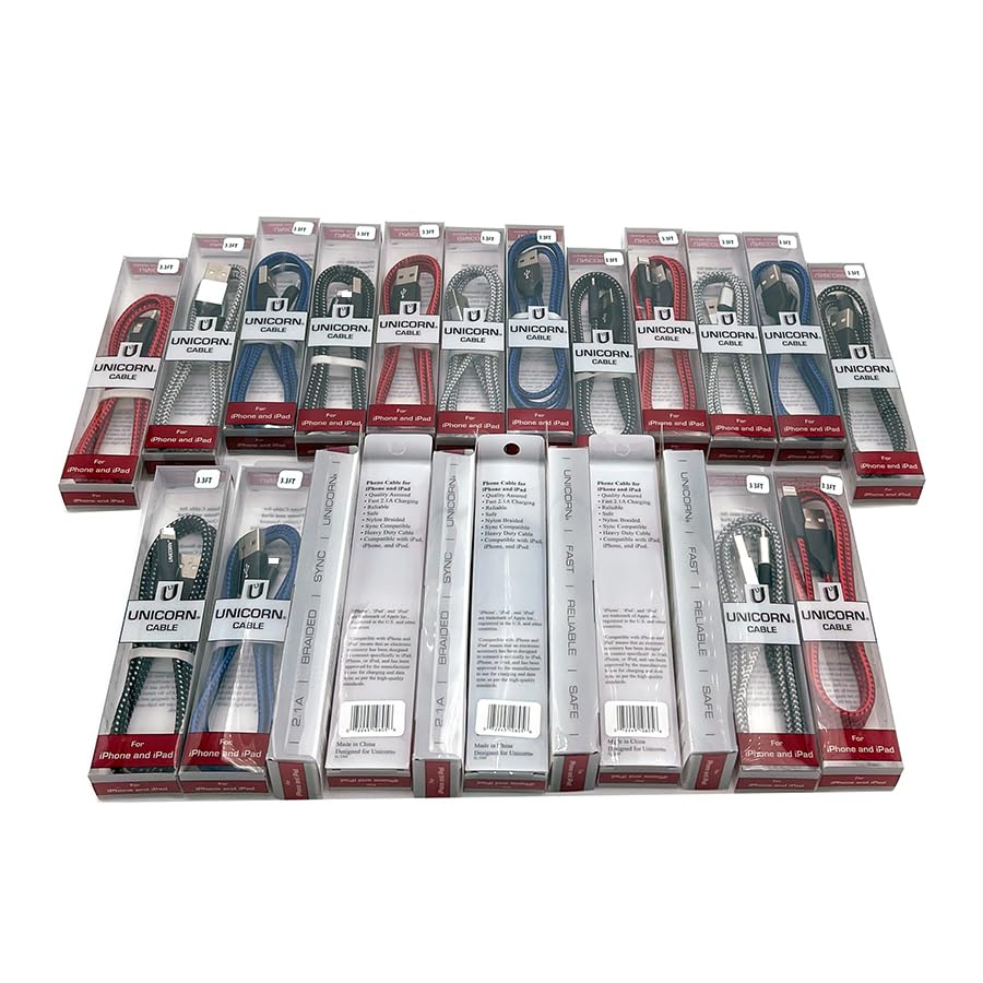 Unicorn Trade 25 Packs Supreme USB Charging Cables Compatible with iPhone Series 14 or Earlier USB to 8-Pin Charge + Sync Data Braided Cable 3.3ft