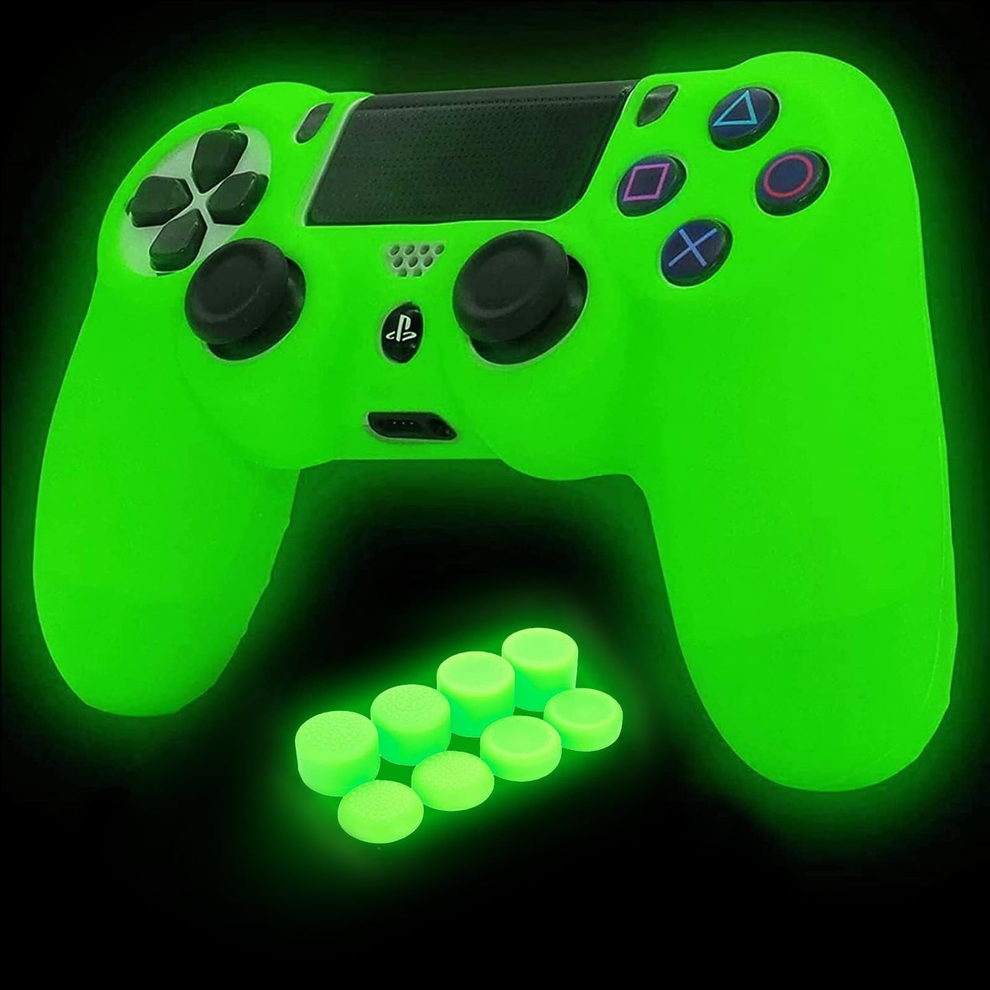 HLRAO Green Anti-Slip Glow in The Dark Protective Silicone Cover Skin Grips Compatible with PS4/Slim/Pro Controller with 8 PCS Thumb Grips Caps and 2