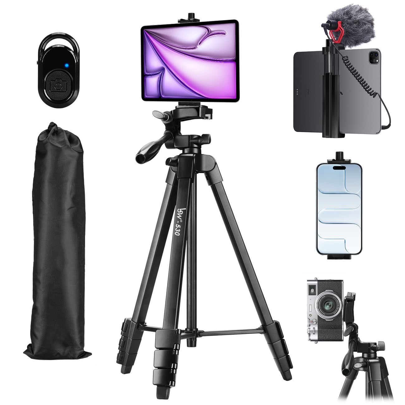 Lusweimi 72-Inch Tripod for ipad iPhone, Camera Tripod for Phone with 2 in 1 Phone Holder for Cell Phone/Tablet/Webcam/Gopro with Carry Bag